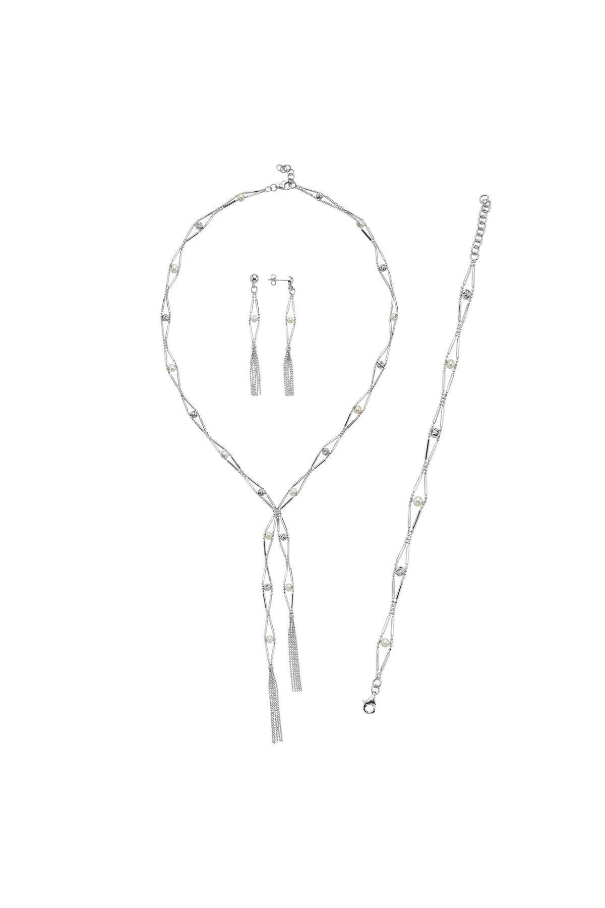 Baklava Dilimi Doğal İncili Küpe Kolye Bileklik Üçlü Set