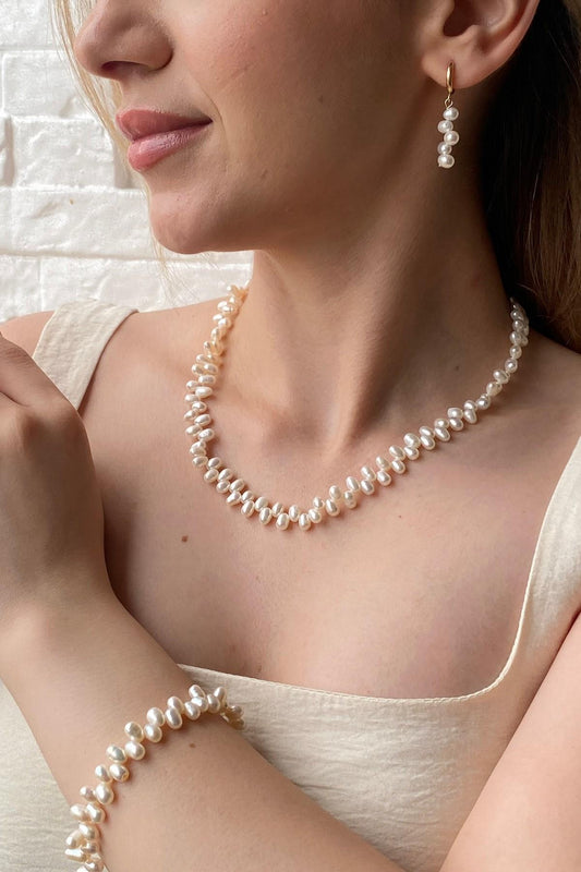 Barok Doğal İnci Kolye Bileklik Küpe Üçlü Set