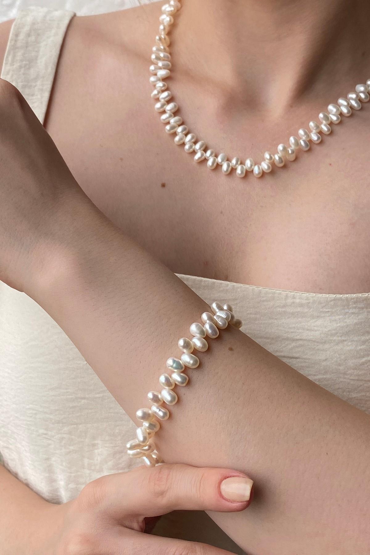 Barok Doğal İnci Kolye Bileklik Küpe Üçlü Set