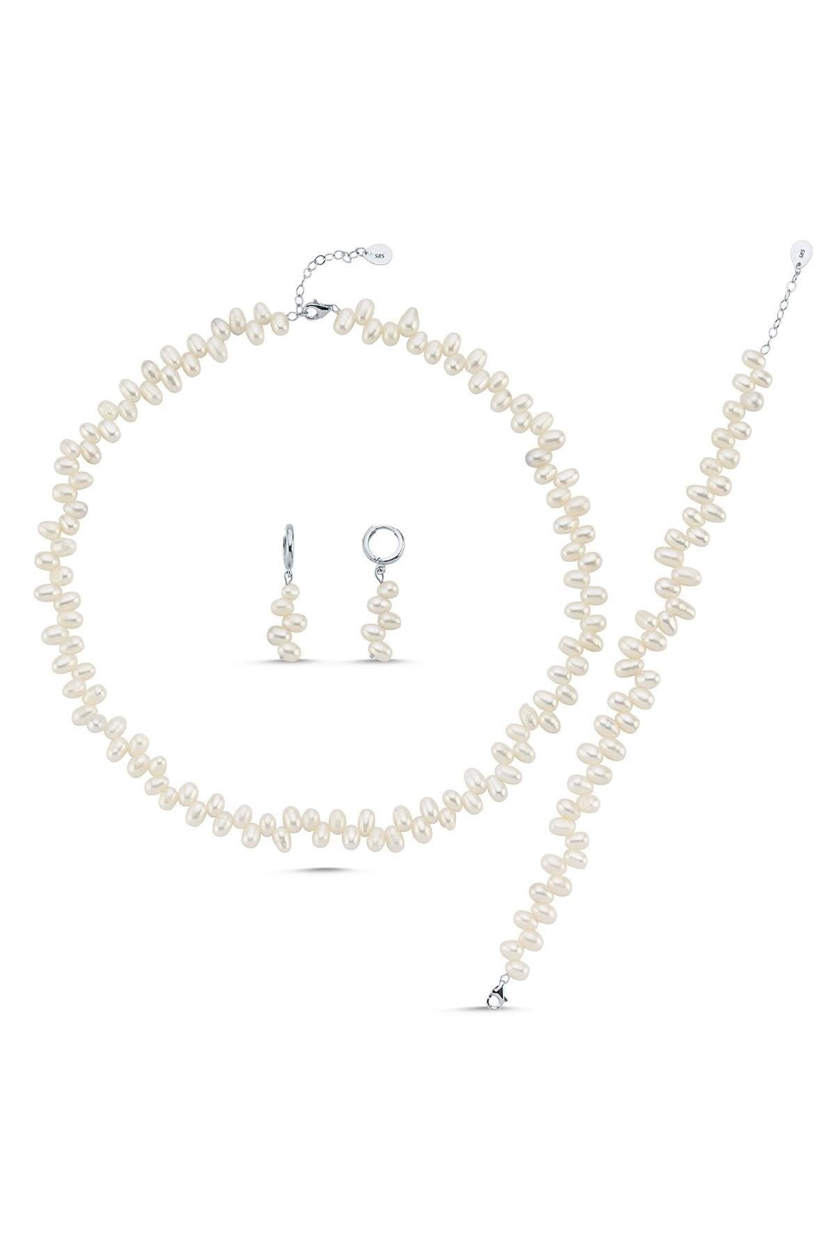 Barok Doğal İnci Kolye Bileklik Küpe Üçlü Set