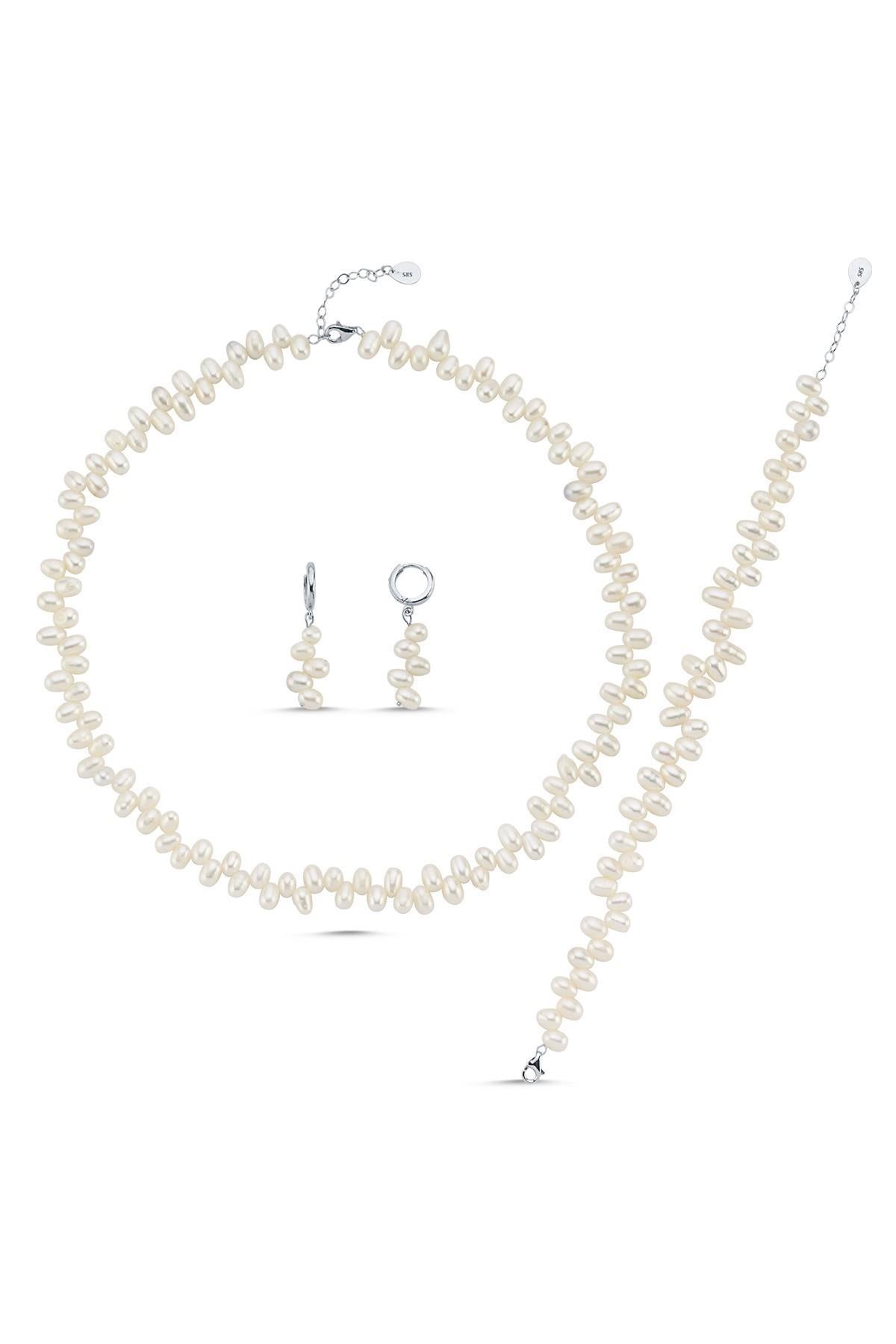 Barok Doğal İnci Kolye Bileklik Küpe Üçlü Set