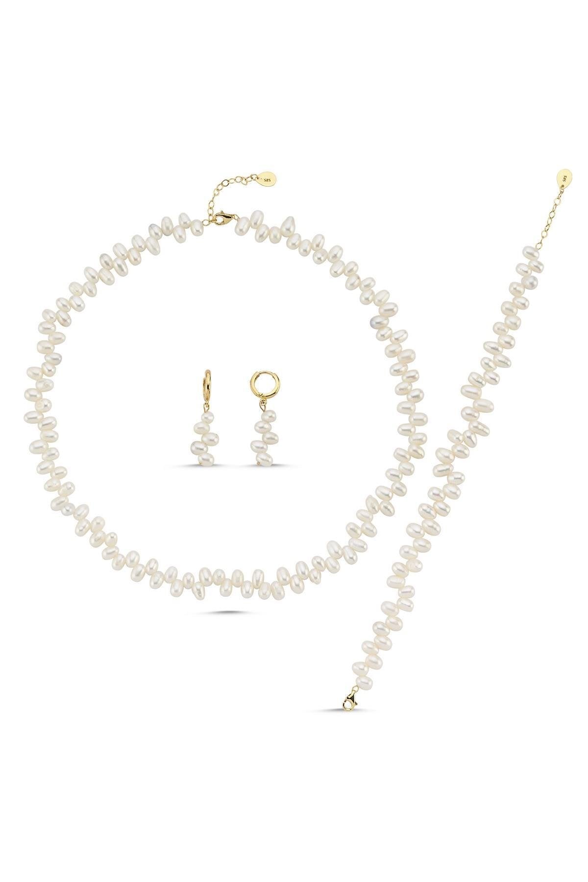 Barok Doğal İnci Kolye Bileklik Küpe Üçlü Set