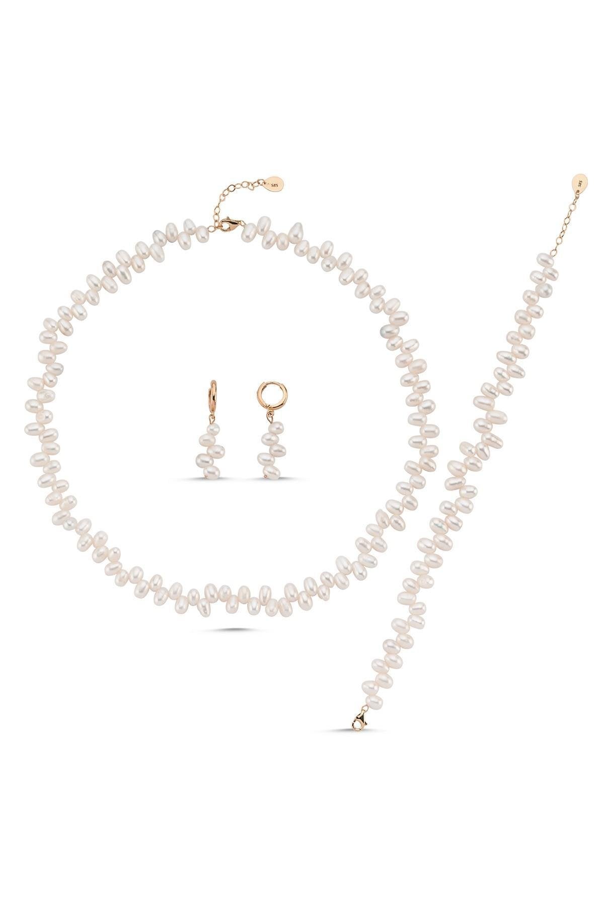 Barok Doğal İnci Kolye Bileklik Küpe Üçlü Set