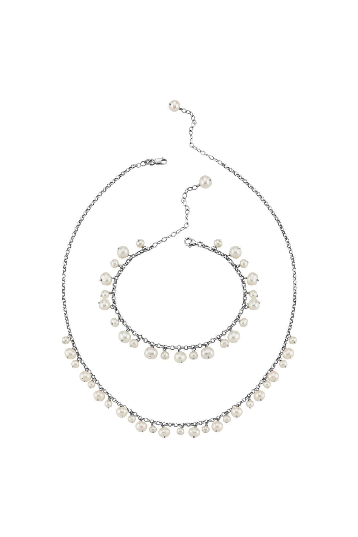 Doğal İnci Sallantılı Kolye Bileklik İkili Set