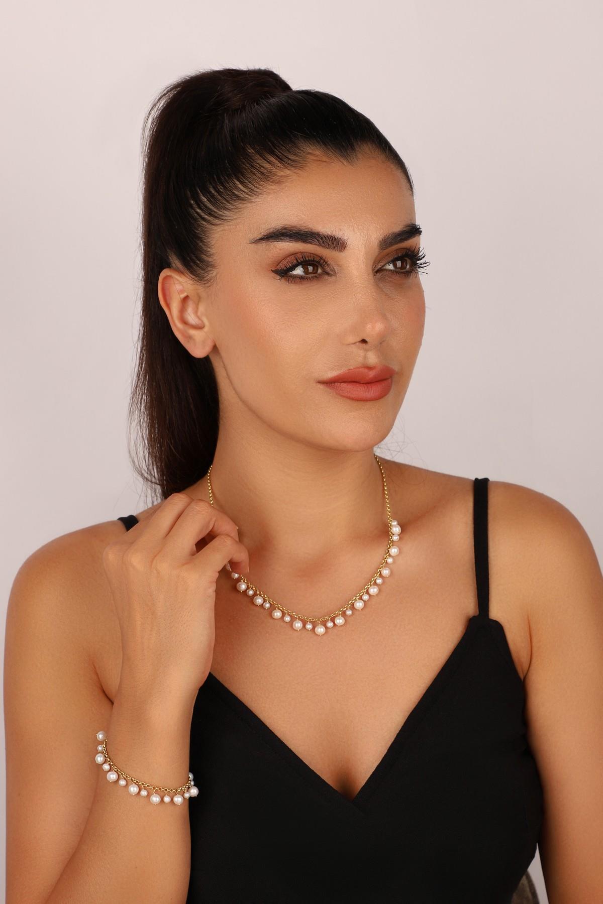 Doğal İnci Sallantılı Kolye Bileklik İkili Set