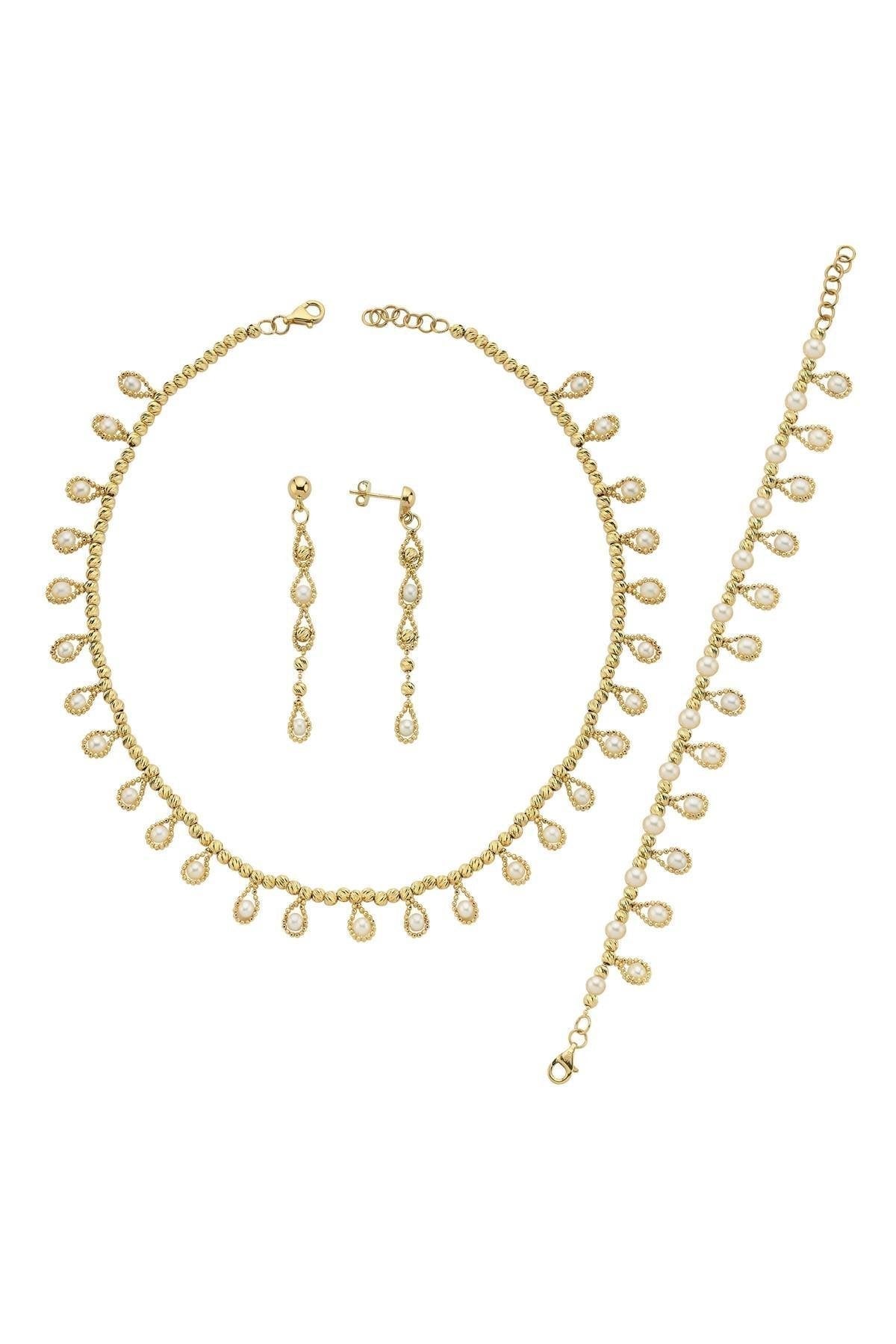 Dorikalı Sallantılı Damla Doğal İncili Küpe Kolye Bileklik Üçlü Set