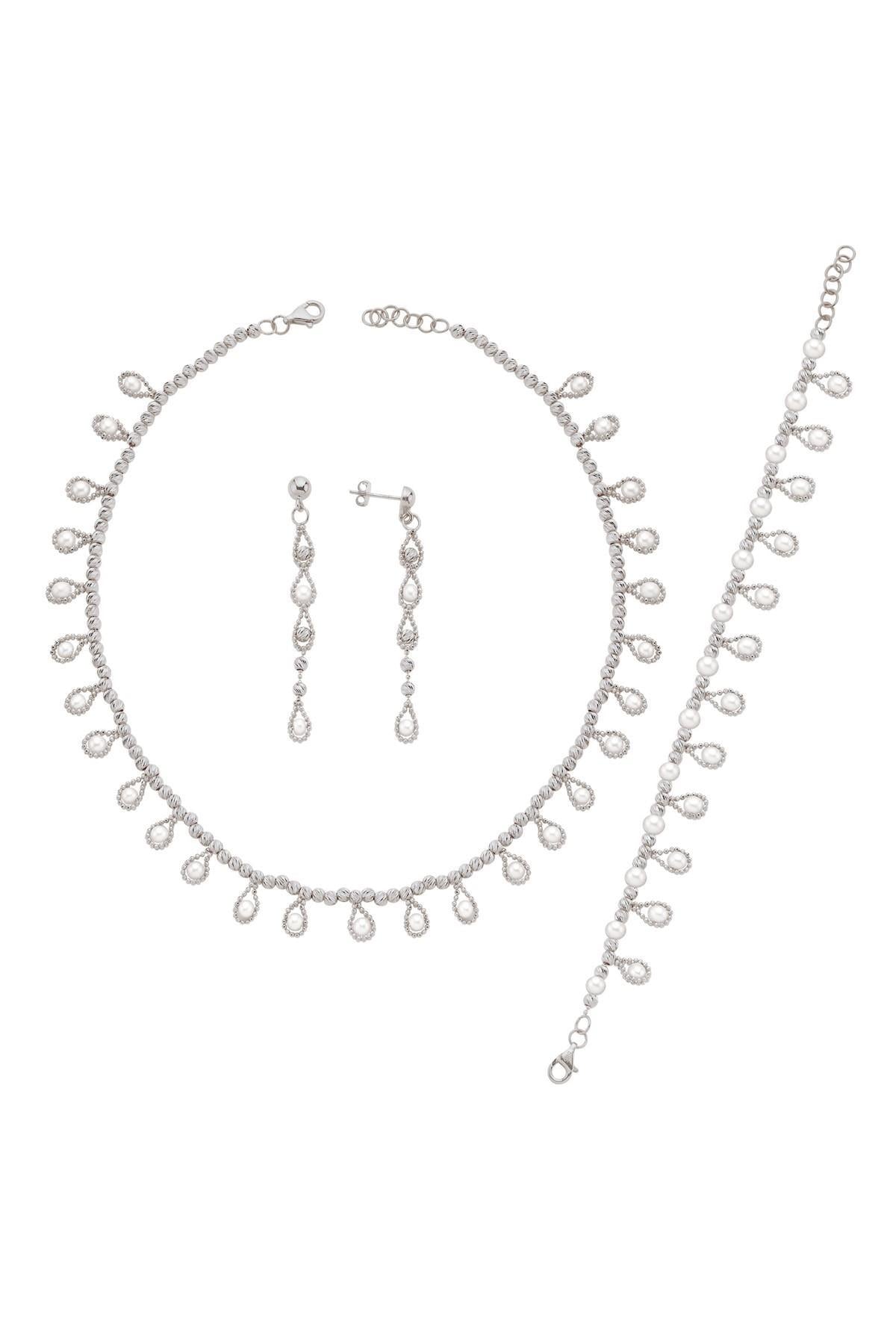 Dorikalı Sallantılı Damla Doğal İncili Küpe Kolye Bileklik Üçlü Set