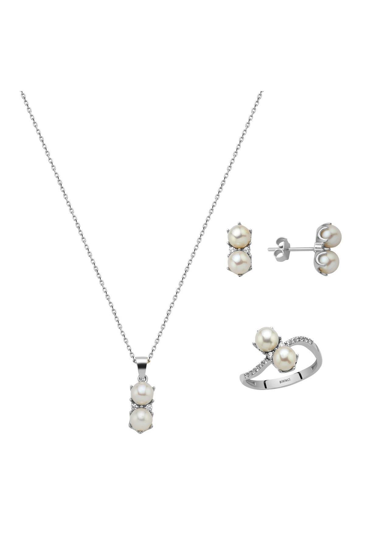 İkili İnci Küpe Kolye Yüzük Üçlü Set