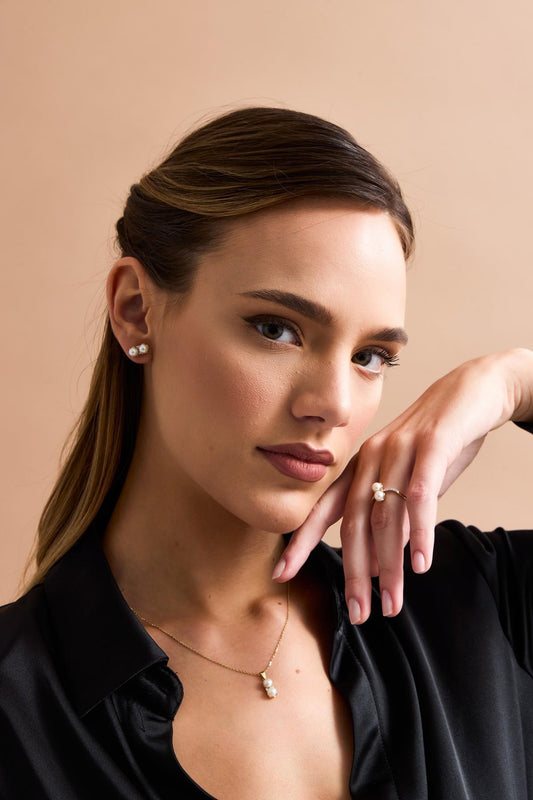 İkili İnci Küpe Kolye Yüzük Üçlü Set