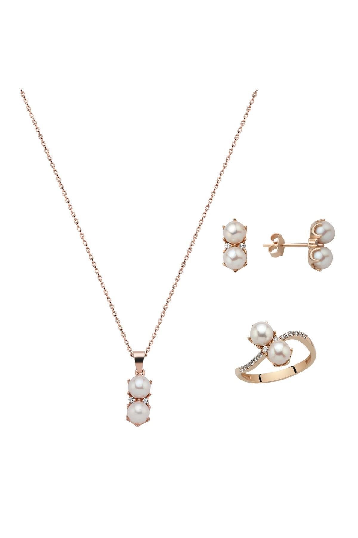 İkili İnci Küpe Kolye Yüzük Üçlü Set