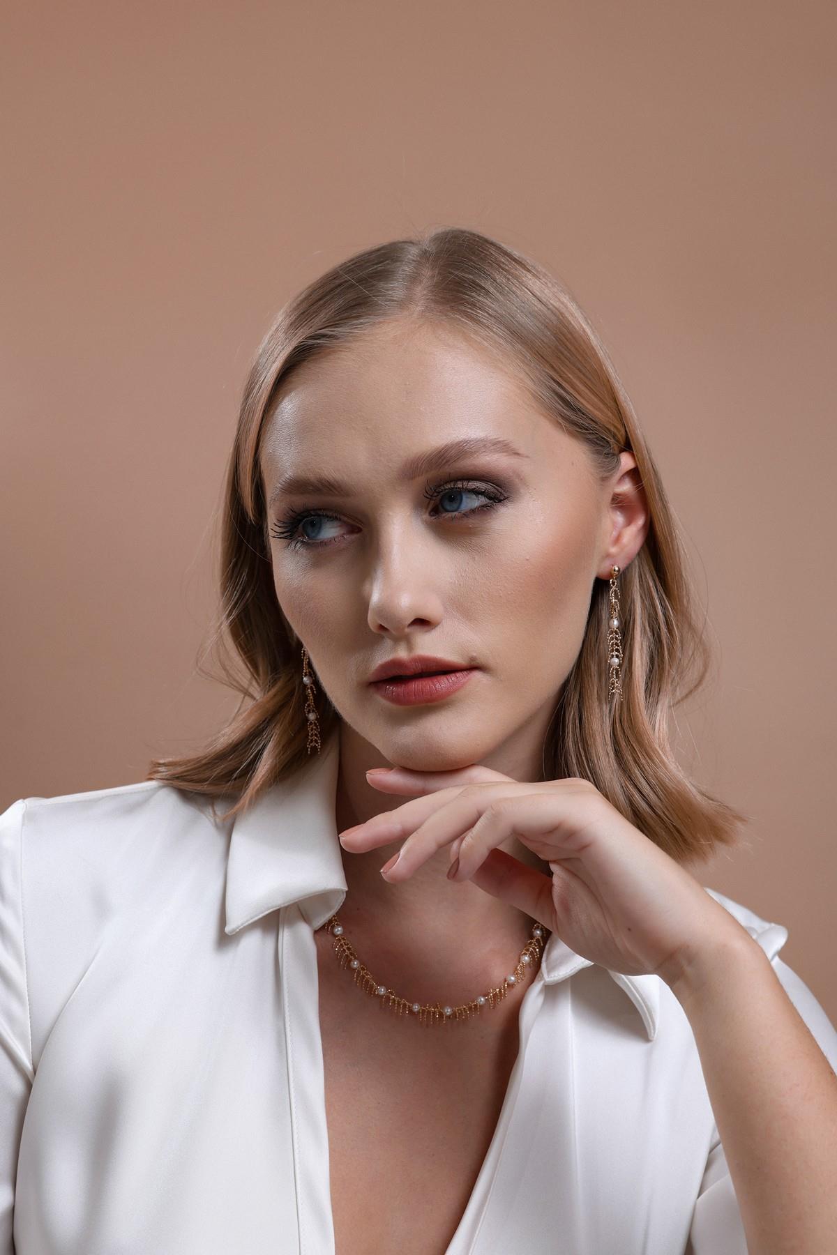 Kılçık Model Doğal İncili Küpe Kolye Bileklik Üçlü Set