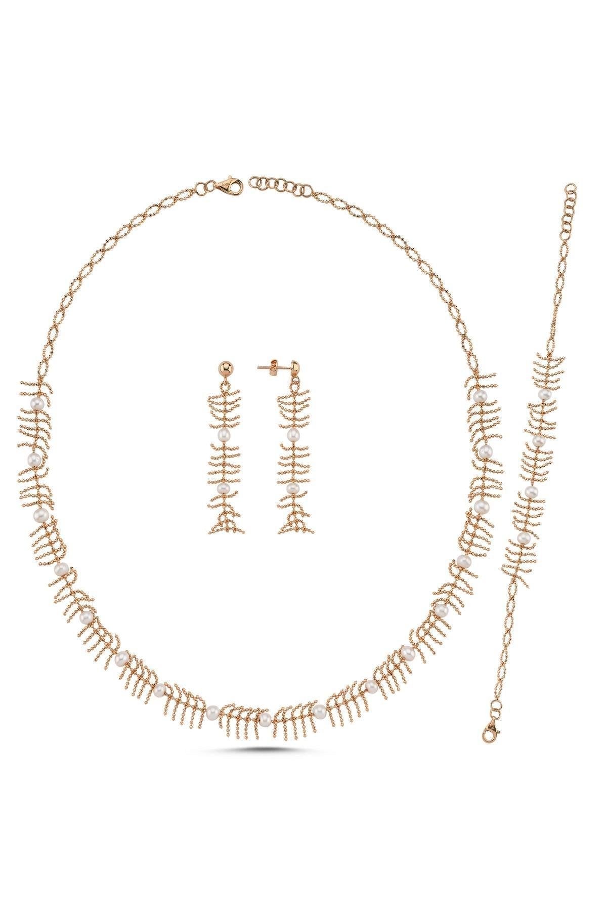 Kılçık Model Doğal İncili Küpe Kolye Bileklik Üçlü Set