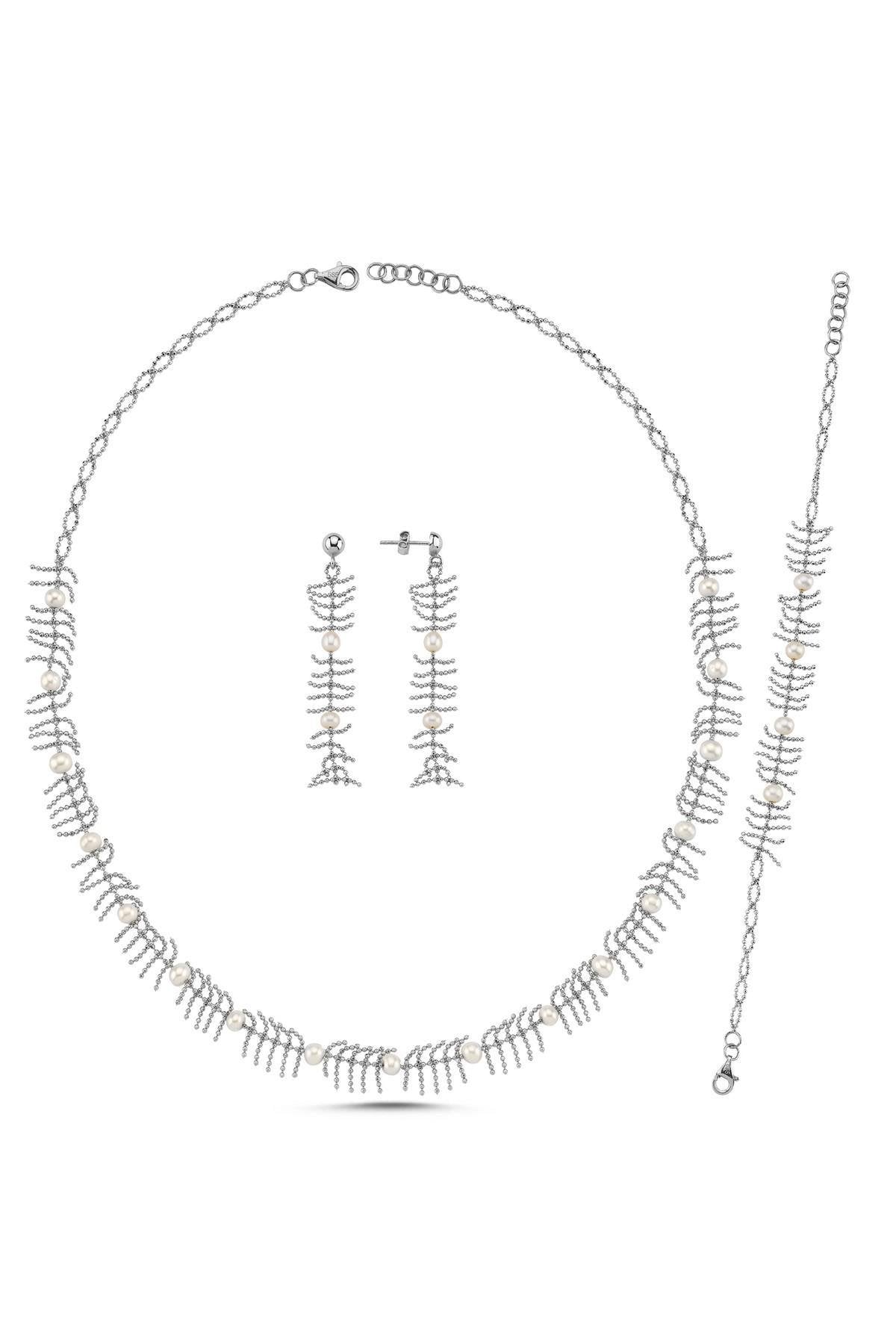 Kılçık Model Doğal İncili Küpe Kolye Bileklik Üçlü Set