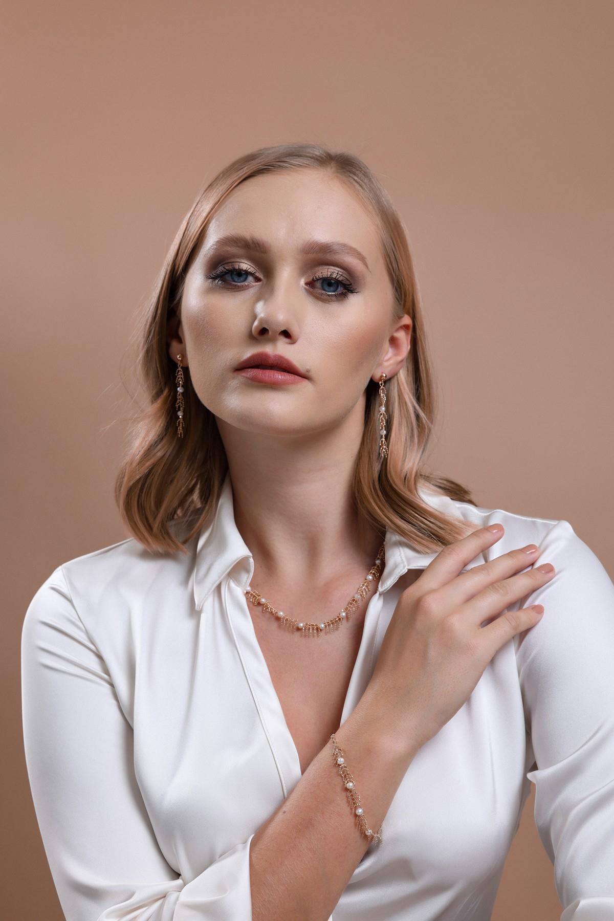 Kılçık Model Doğal İncili Küpe Kolye Bileklik Üçlü Set