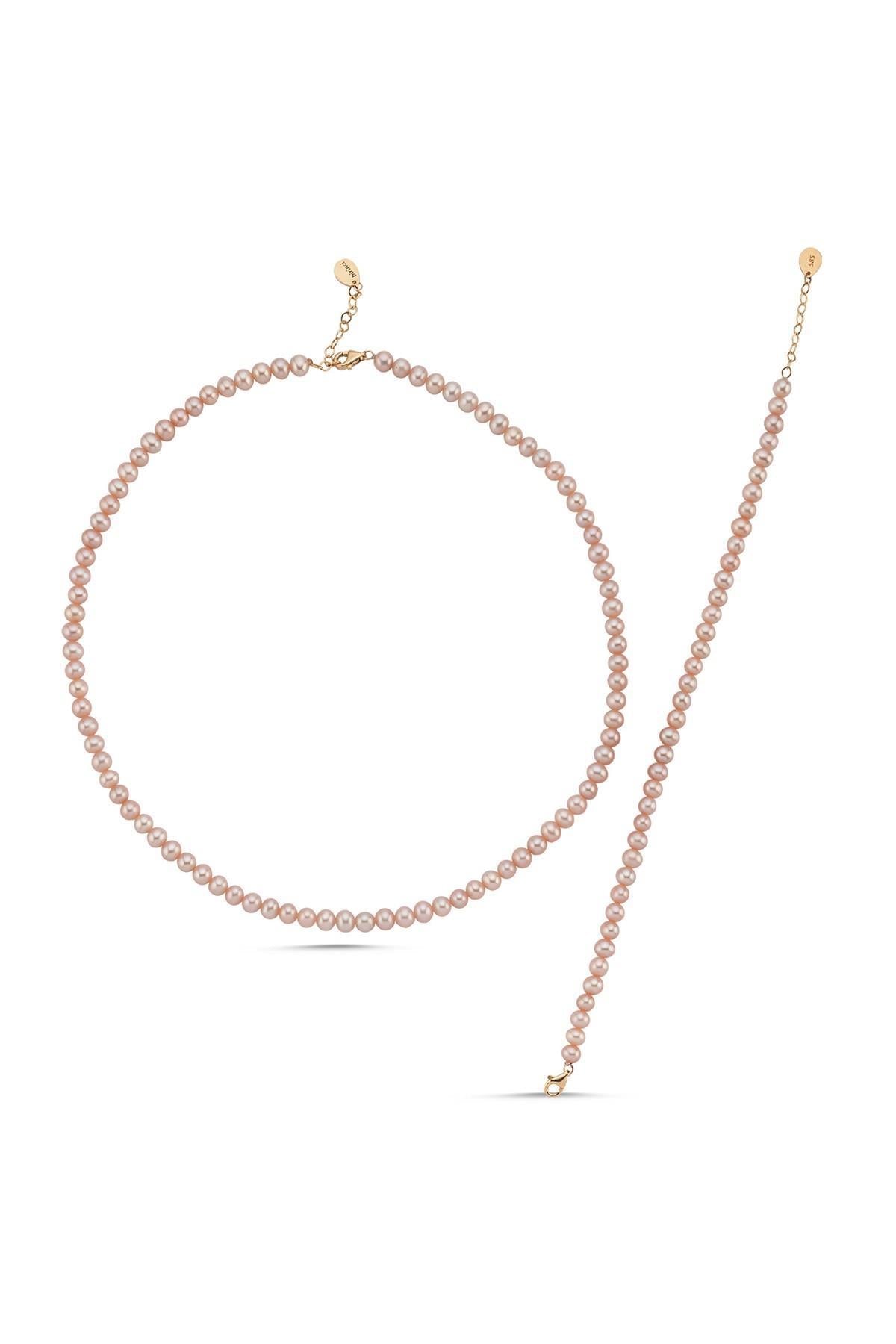 Pembe Doğal İnci Kolye Bileklik İkili Set