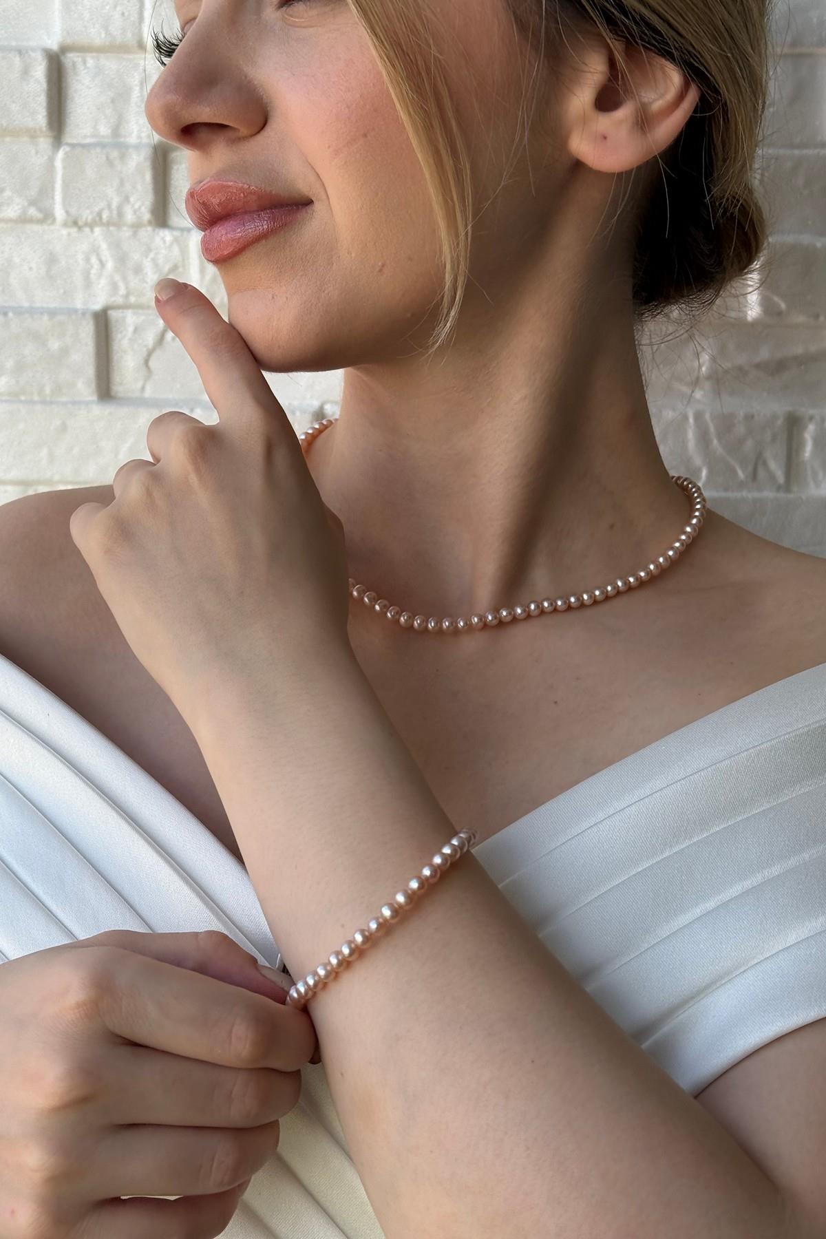 Pembe Doğal İnci Kolye Bileklik İkili Set