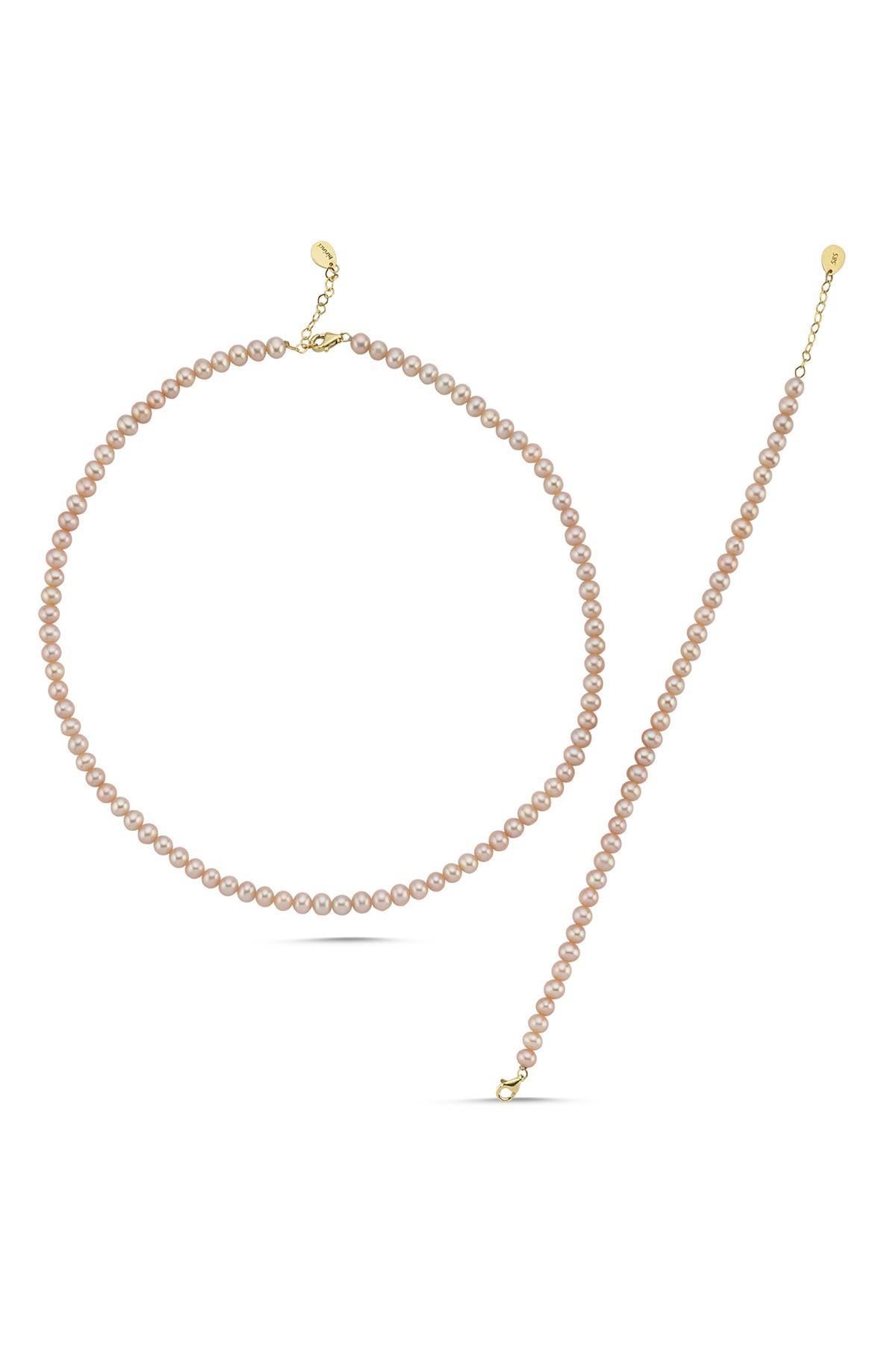 Pembe Doğal İnci Kolye Bileklik İkili Set