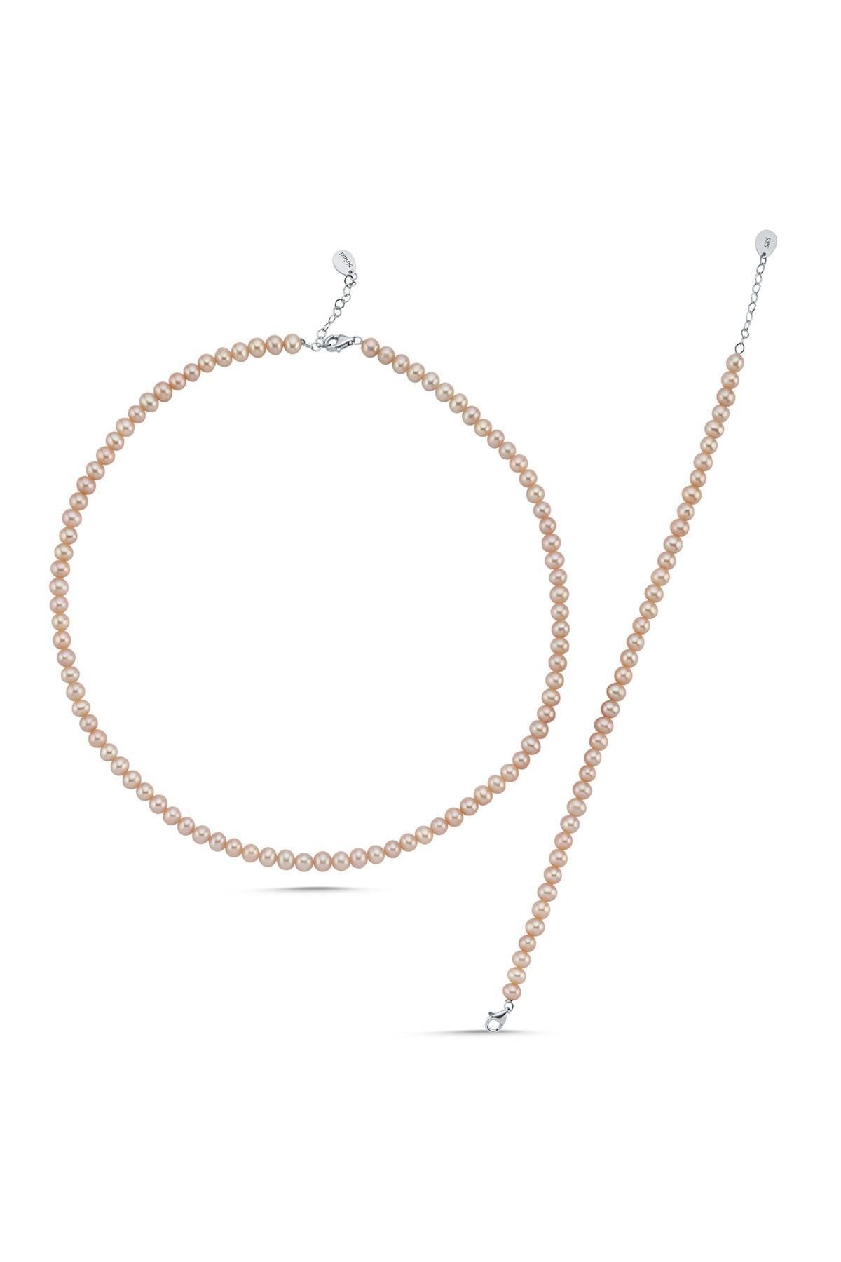 Pembe Doğal İnci Kolye Bileklik İkili Set