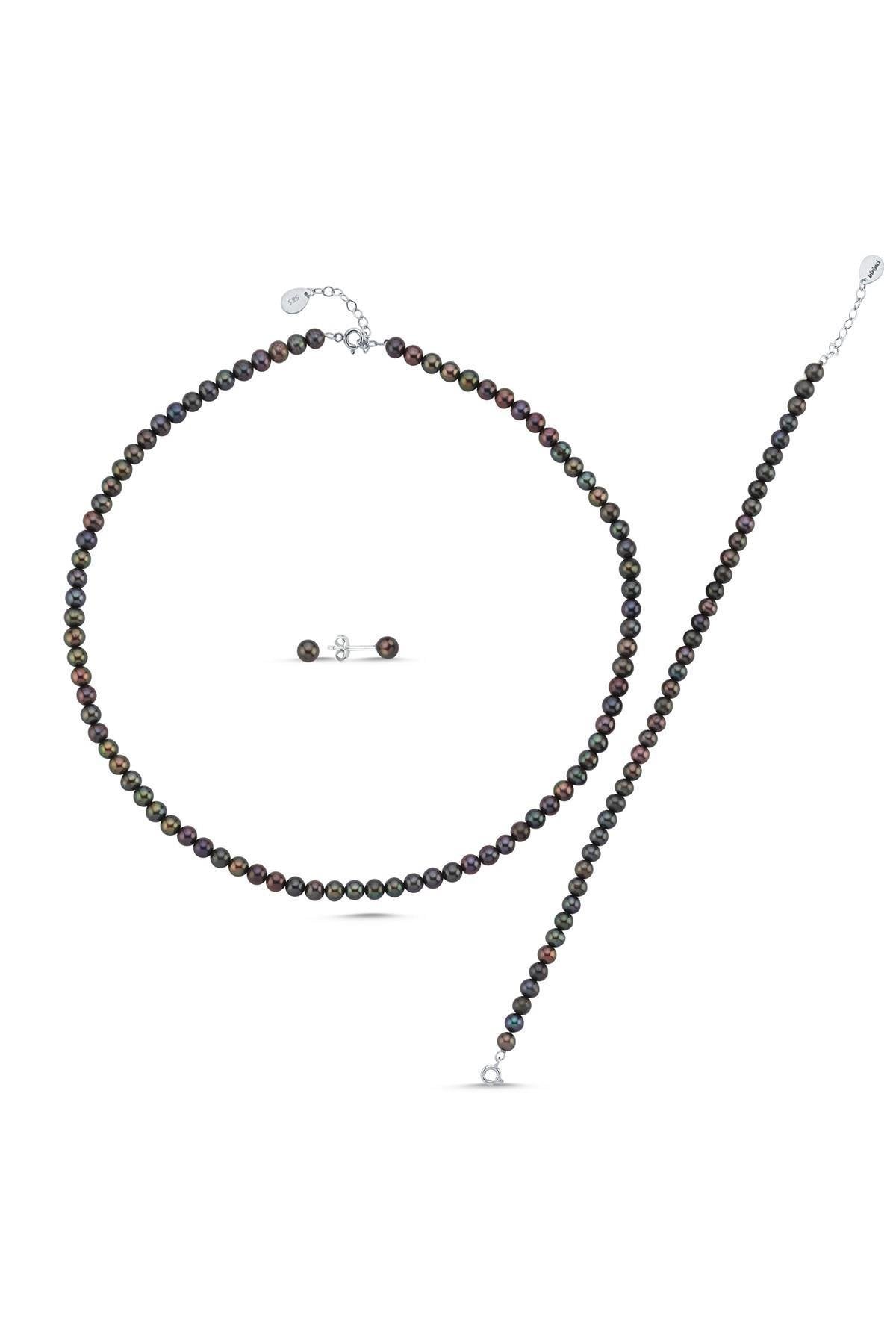 Siyah Doğal İnci Kolye Bileklik Küpe Üçlü Set