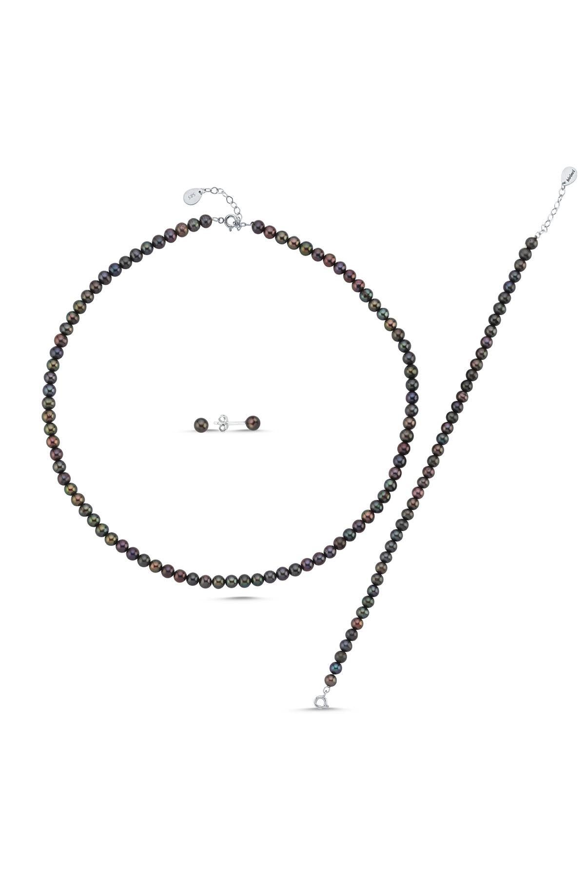 Siyah Doğal İnci Kolye Bileklik Küpe Üçlü Set