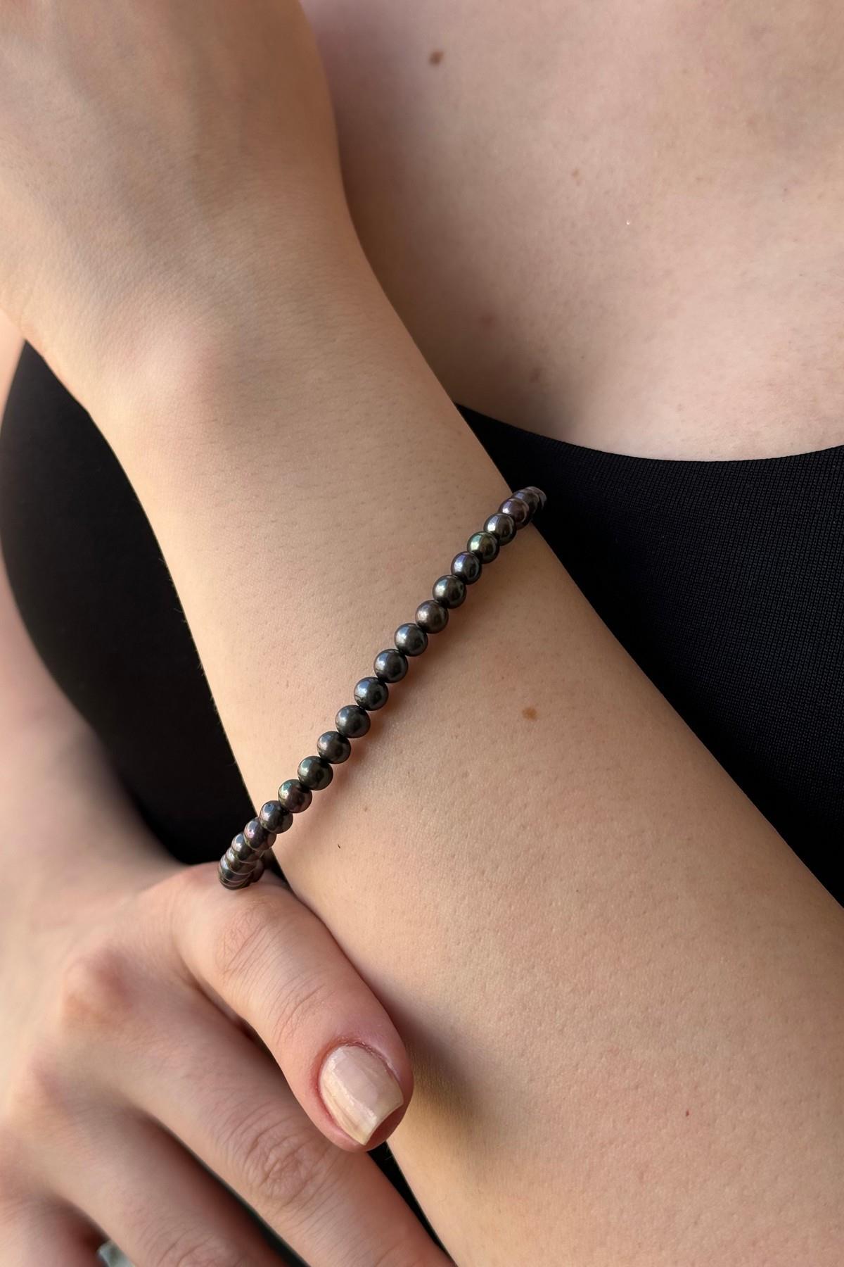 Siyah Doğal İnci Kolye Bileklik Küpe Üçlü Set