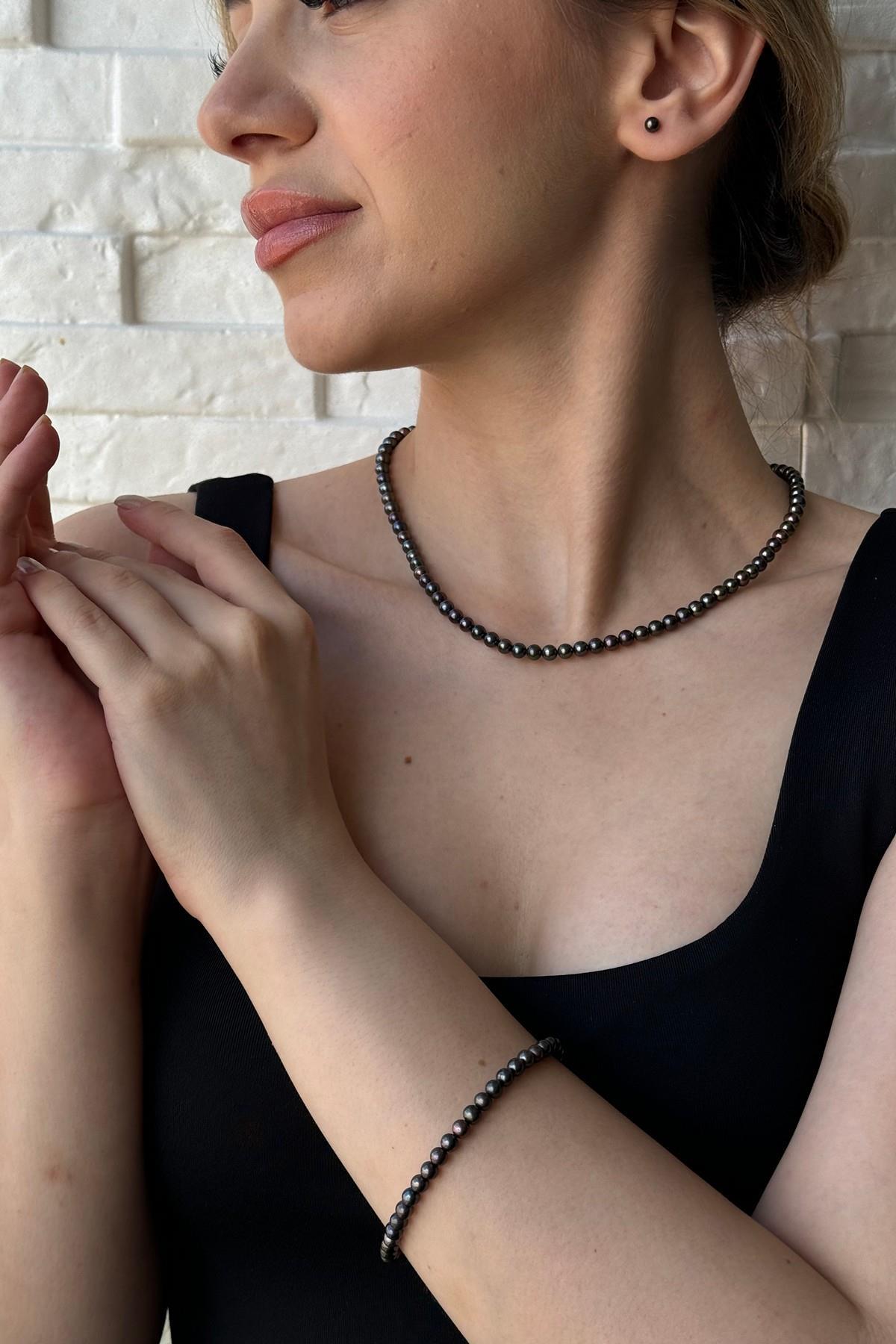 Siyah Doğal İnci Kolye Bileklik Küpe Üçlü Set