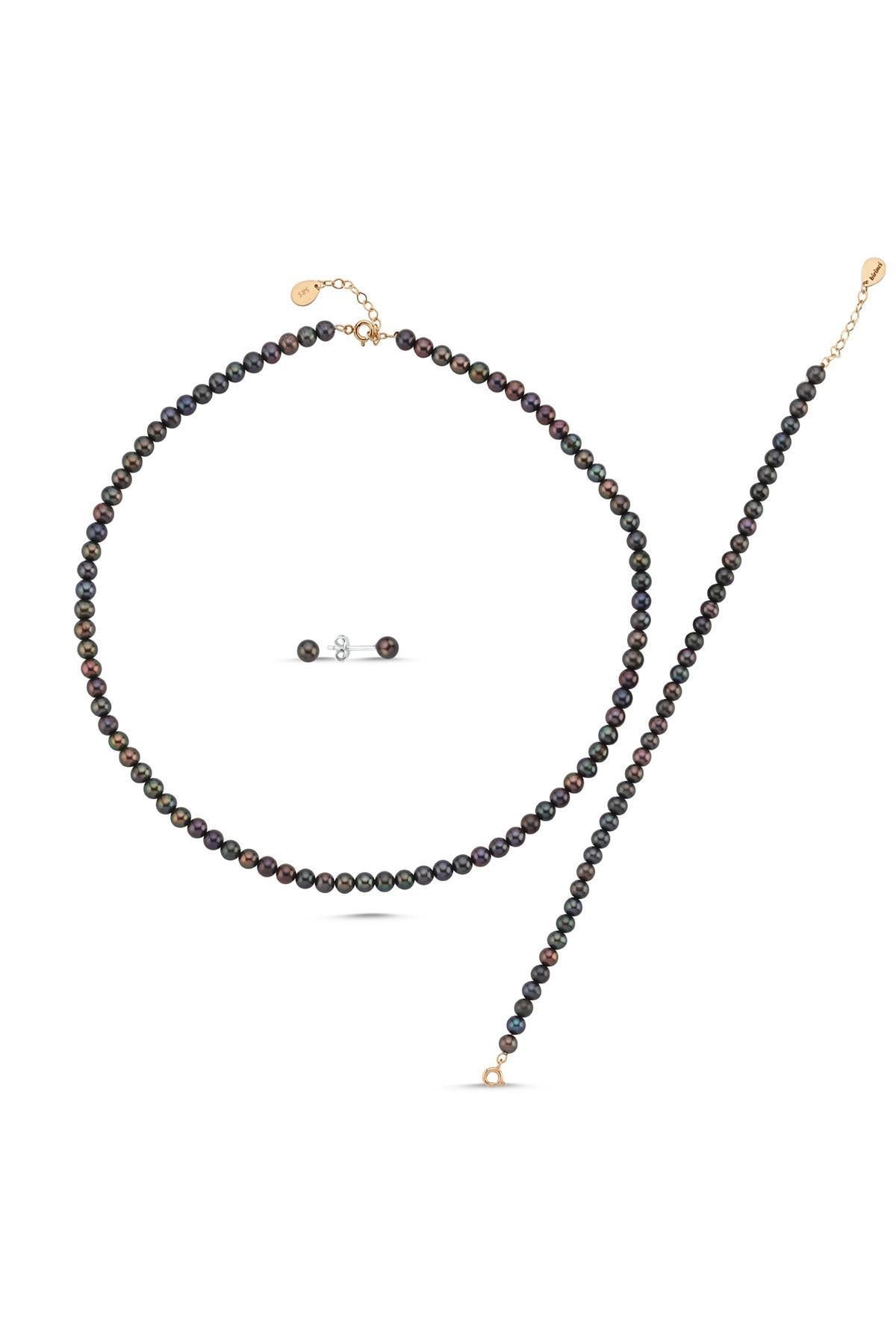 Siyah Doğal İnci Kolye Bileklik Küpe Üçlü Set