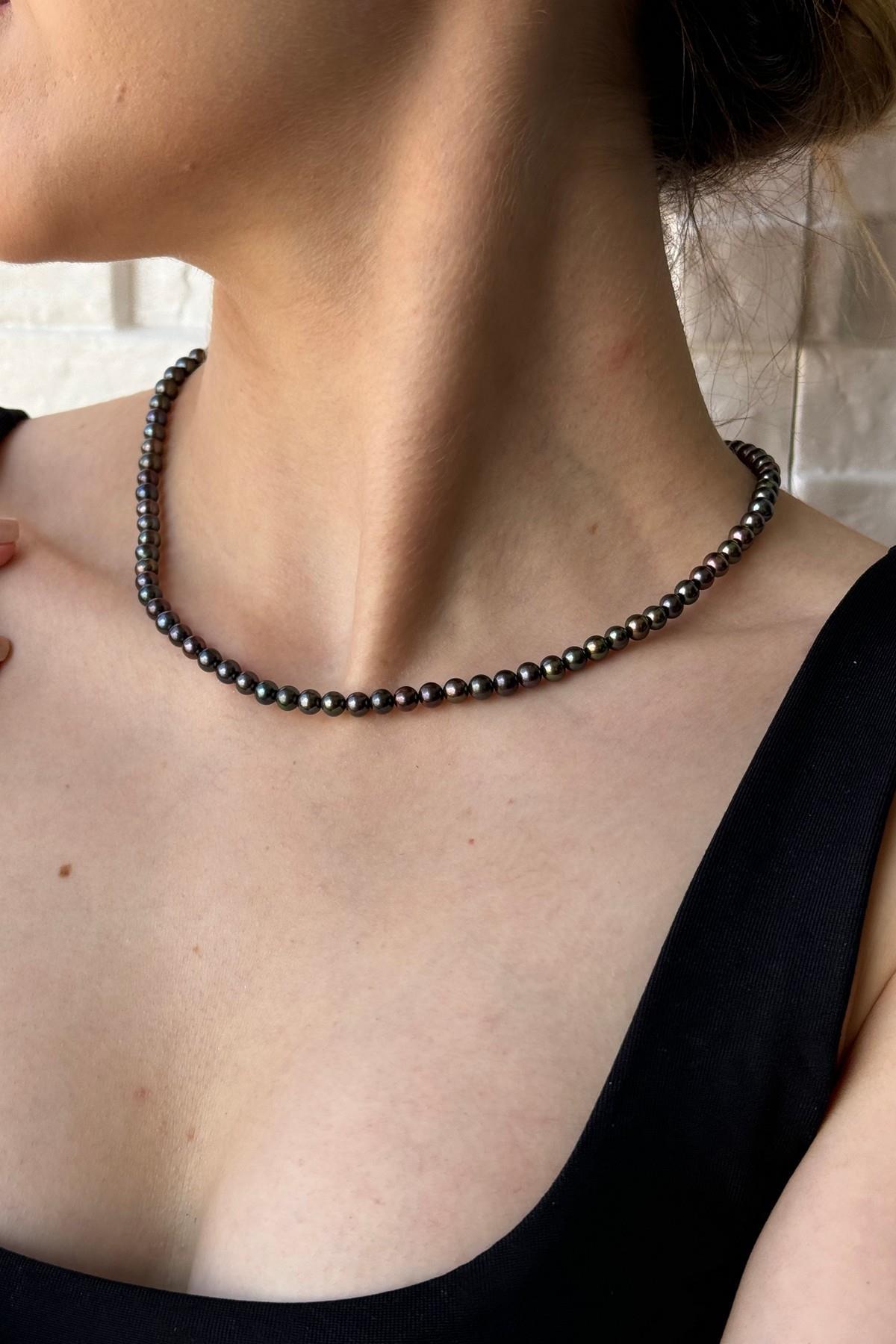 Siyah Doğal İnci Kolye Bileklik Küpe Üçlü Set