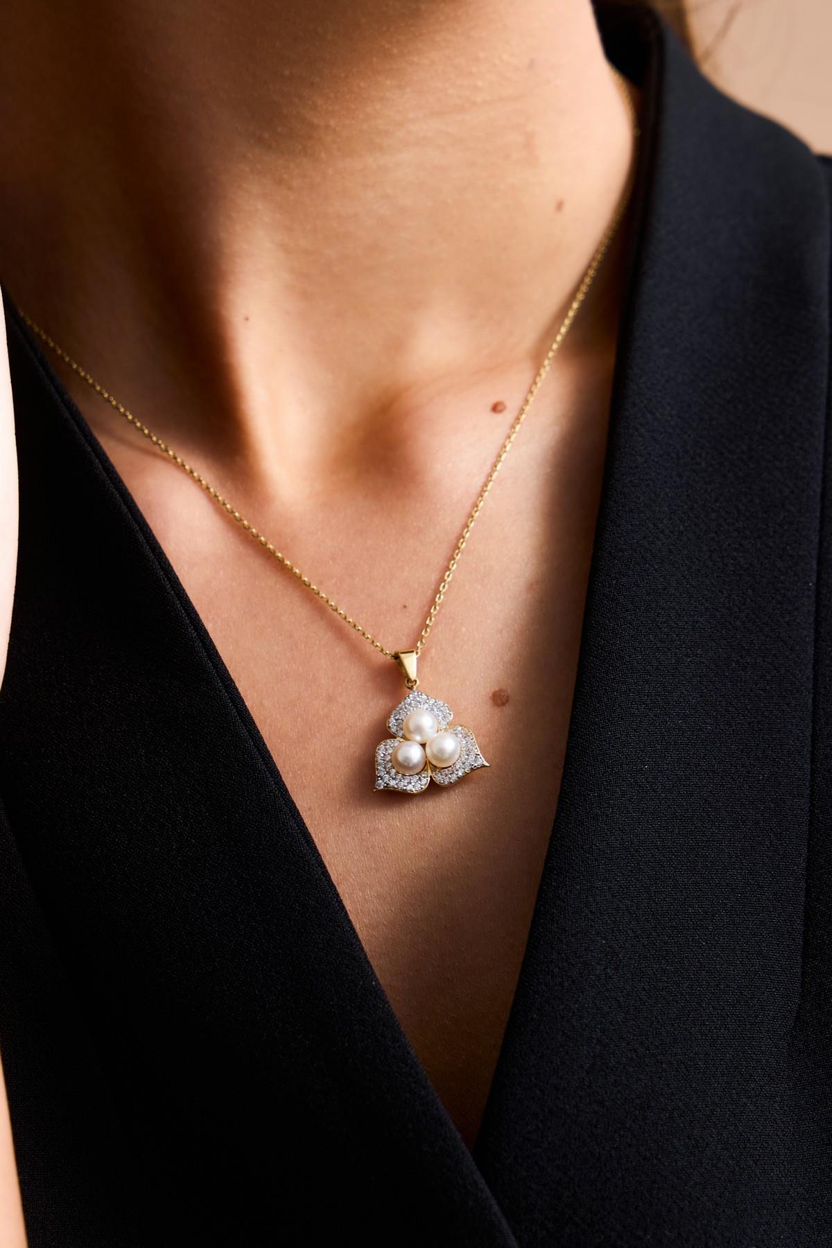 Zirkon Taşlı Doğal İncili Küpe Kolye Yüzük Üçlü Set