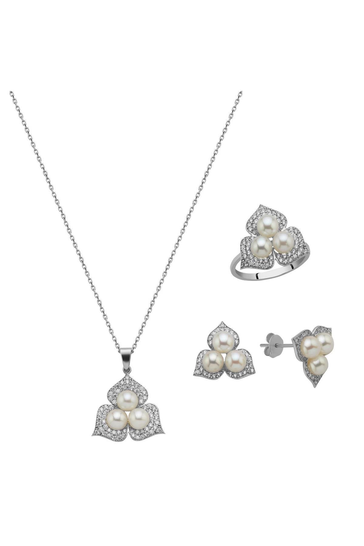 Zirkon Taşlı Doğal İncili Küpe Kolye Yüzük Üçlü Set