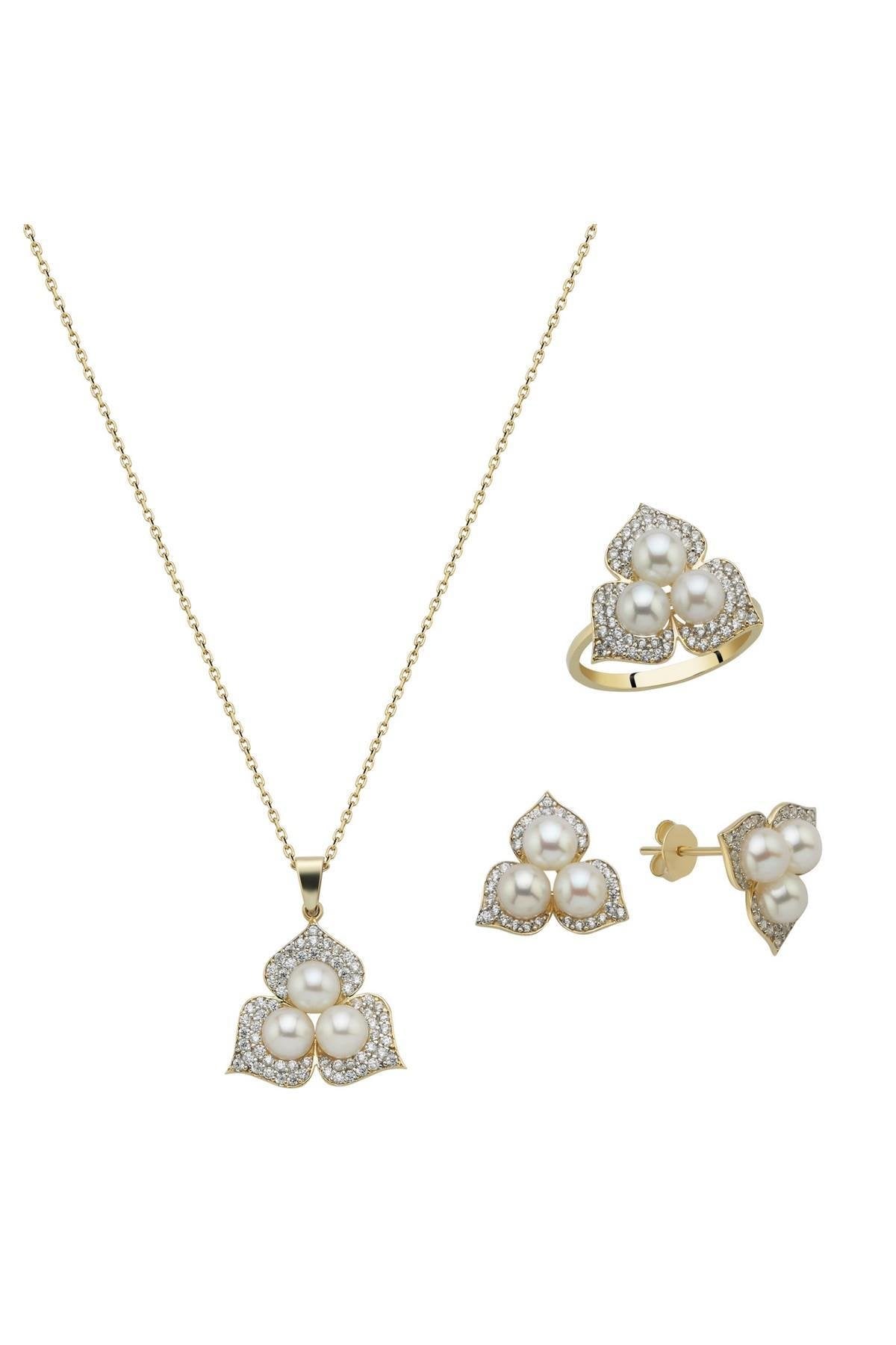 Zirkon Taşlı Doğal İncili Küpe Kolye Yüzük Üçlü Set