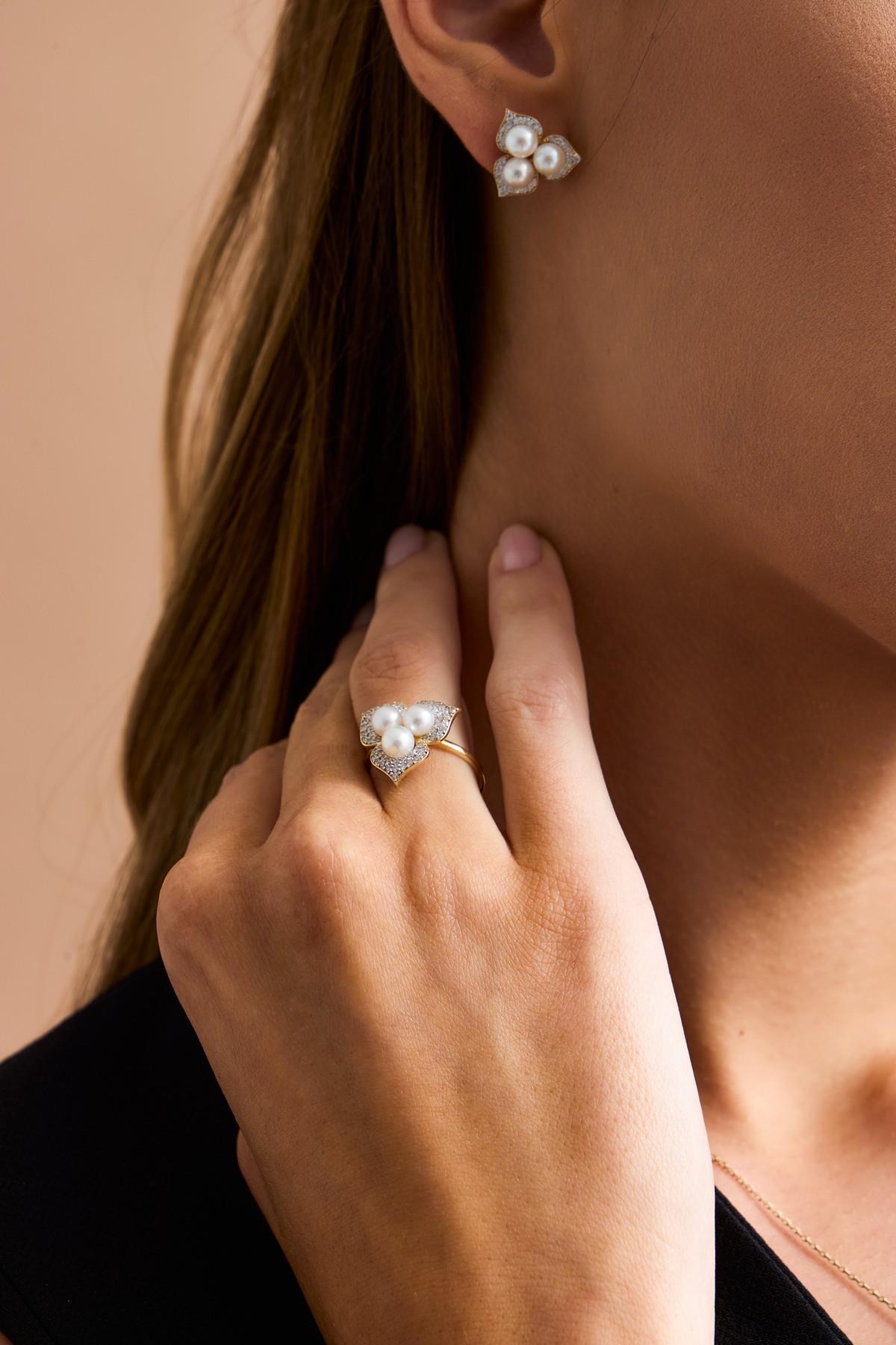 Zirkon Taşlı Doğal İncili Küpe Kolye Yüzük Üçlü Set