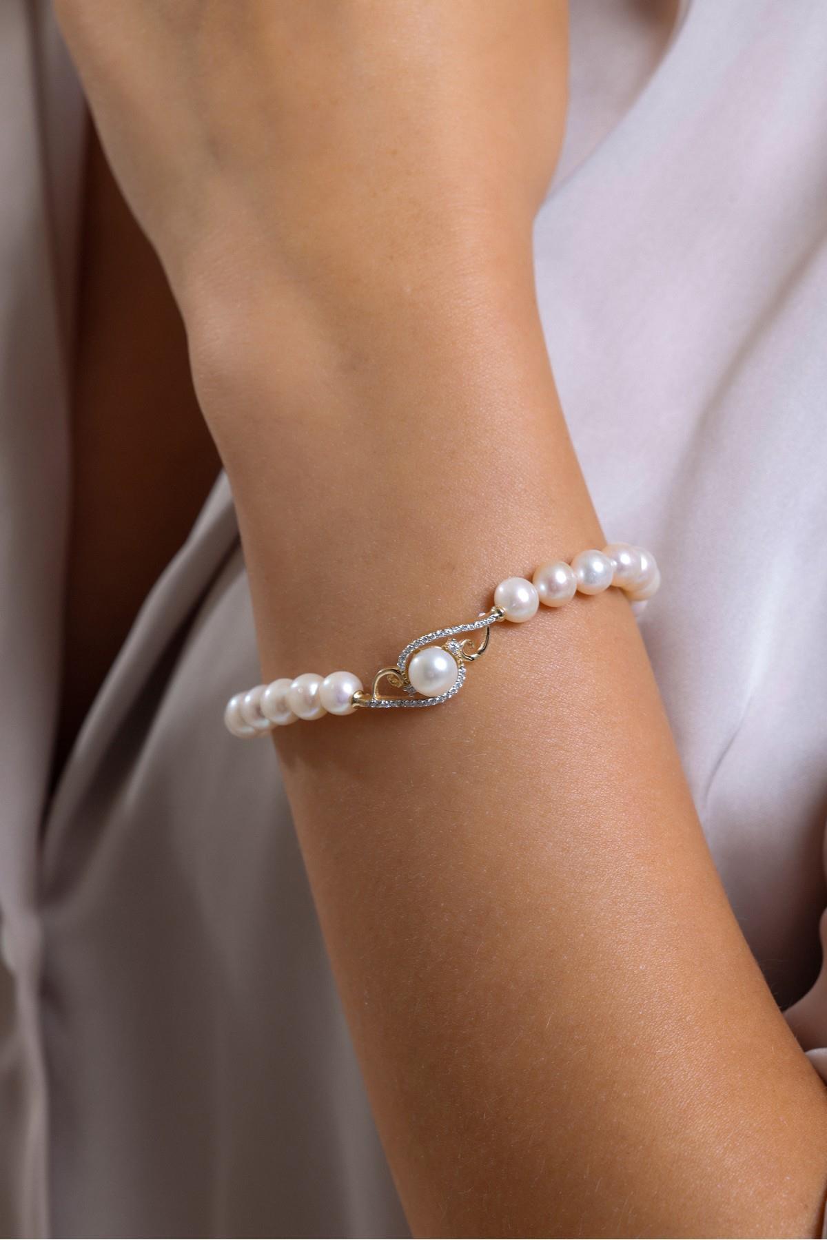 Zirkon Taşlı Doğal İnci Bileklik