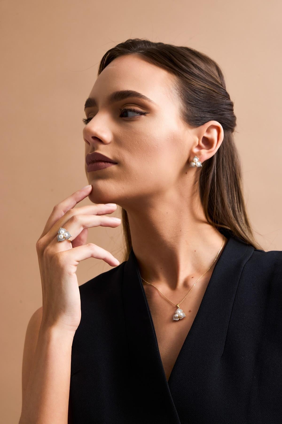 Zirkon Taşlı Doğal İncili Küpe Kolye Yüzük Üçlü Set