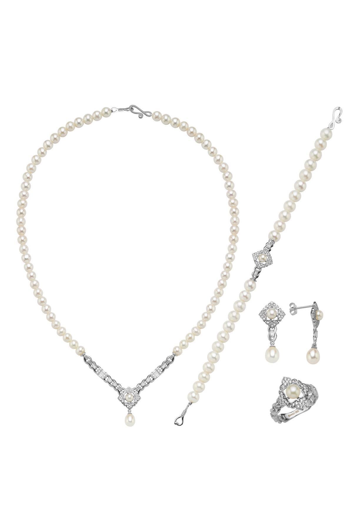 Baget Taşlı Doğal İnci Küpe Kolye Bileklik Yüzük Dörtlü Set