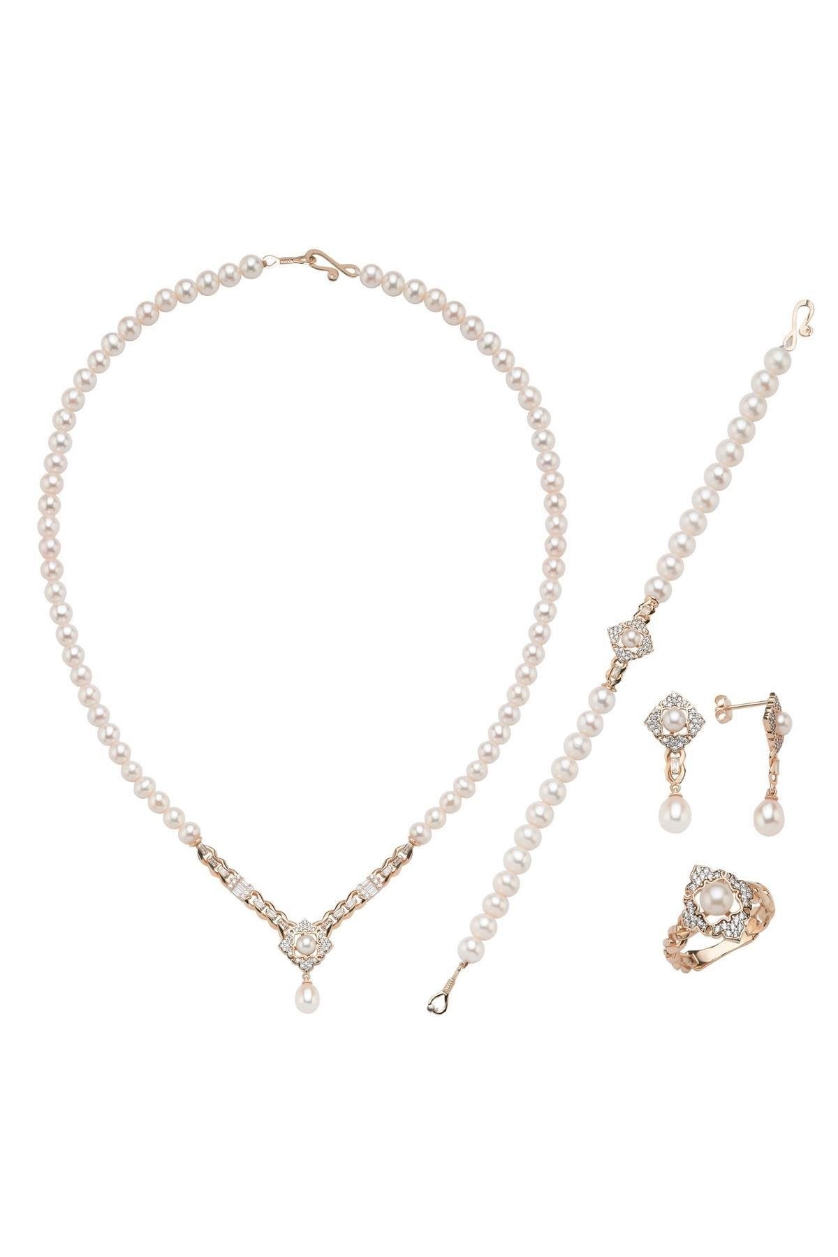 Baget Taşlı Doğal İnci Küpe Kolye Bileklik Yüzük Dörtlü Set