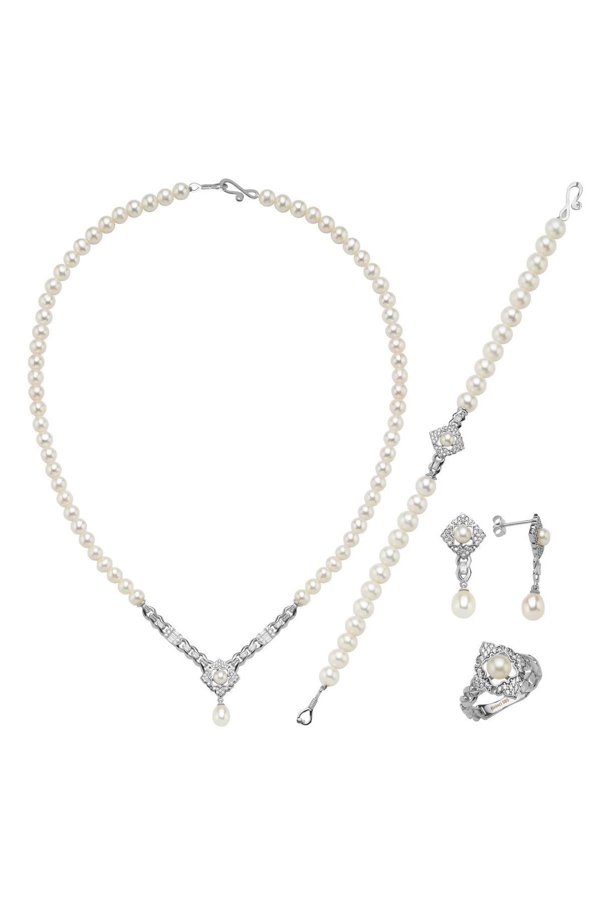 Baget Taşlı Doğal İnci Küpe Kolye Bileklik Yüzük Dörtlü Set