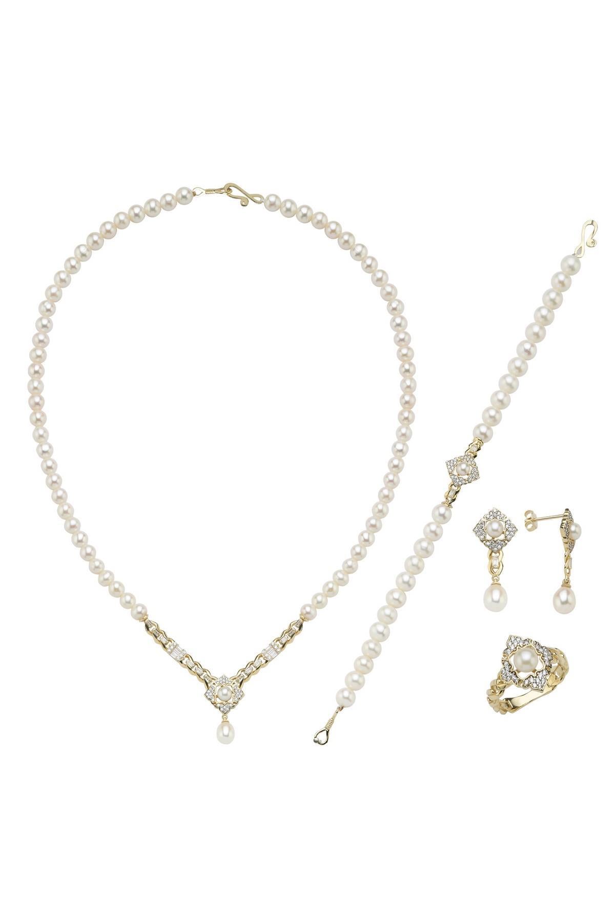 Baget Taşlı Doğal İnci Küpe Kolye Bileklik Yüzük Dörtlü Set