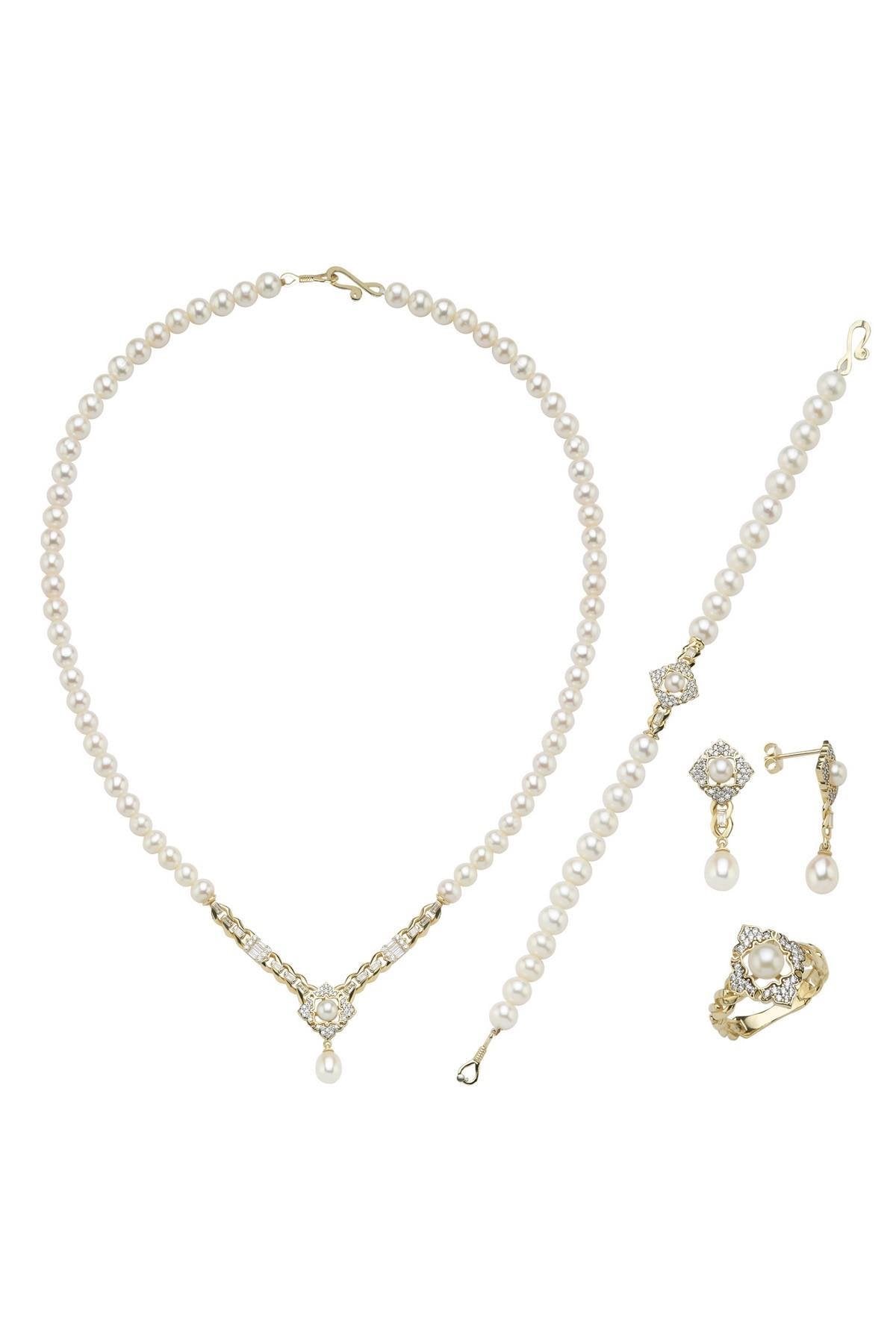 Baget Taşlı Doğal İnci Küpe Kolye Bileklik Yüzük Dörtlü Set