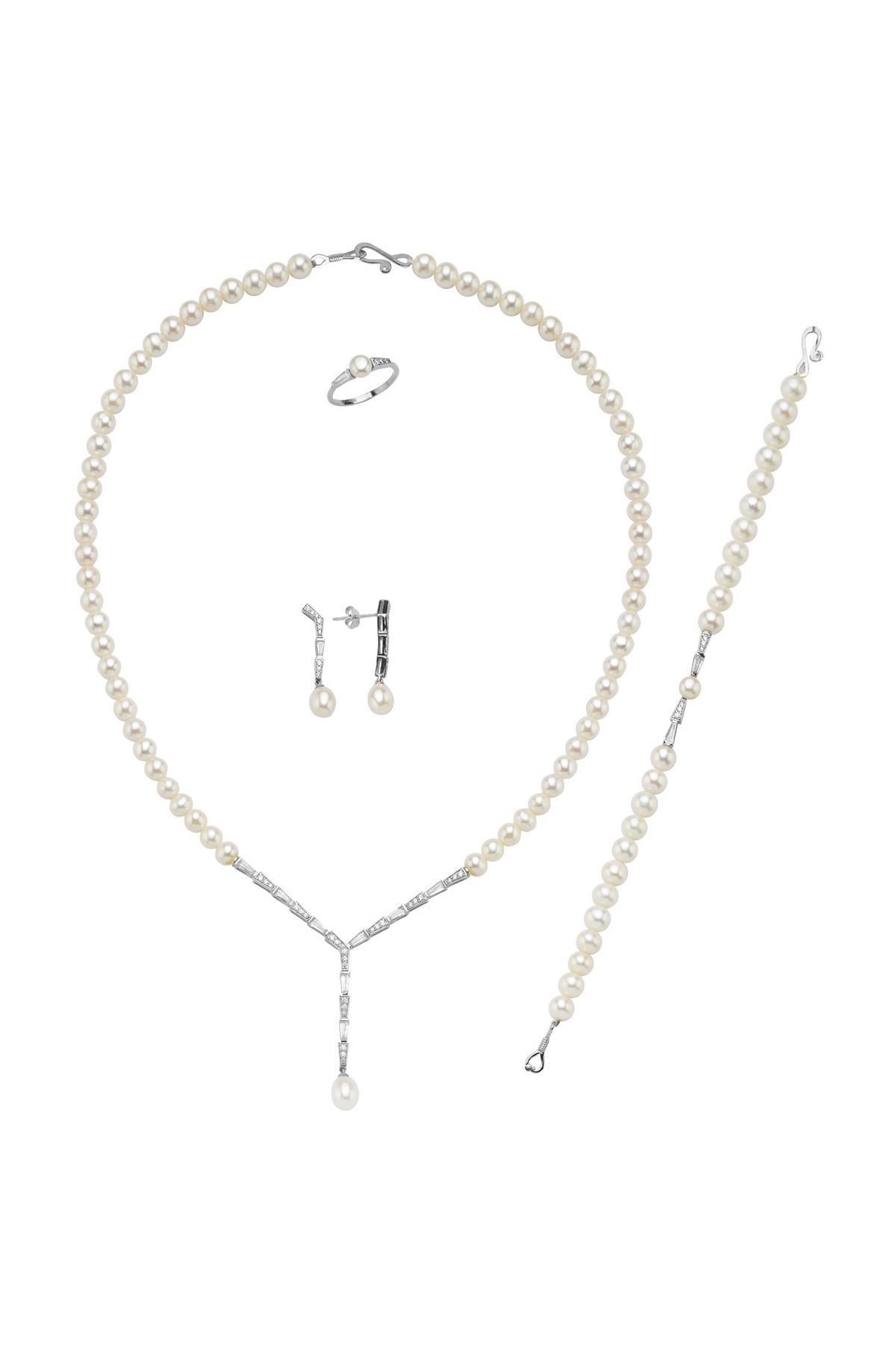 Baget Zirkon Taşlı Doğal İnci Küpe Kolye Bileklik Yüzük Dörtlü Set