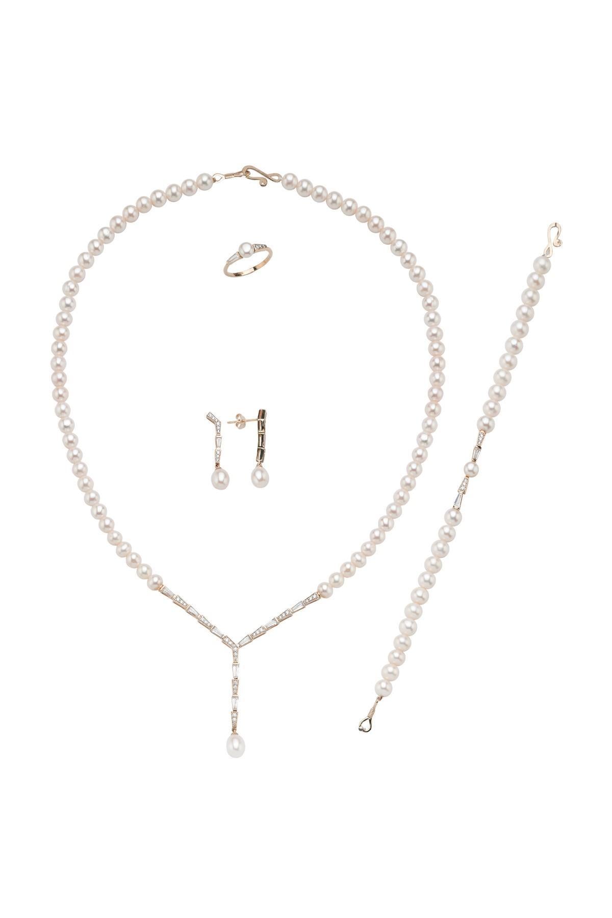 Baget Zirkon Taşlı Doğal İnci Küpe Kolye Bileklik Yüzük Dörtlü Set