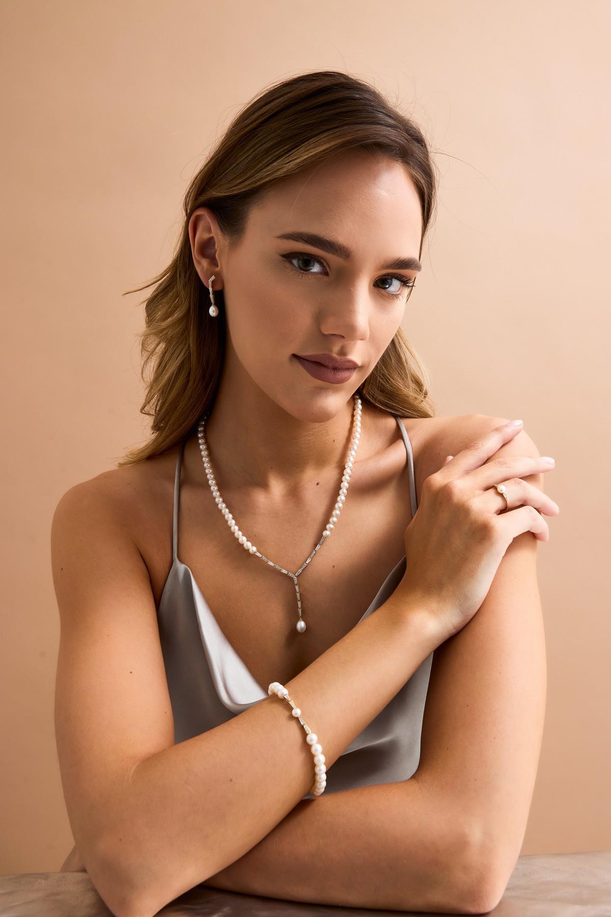 Baget Zirkon Taşlı Doğal İnci Küpe Kolye Bileklik Yüzük Dörtlü Set