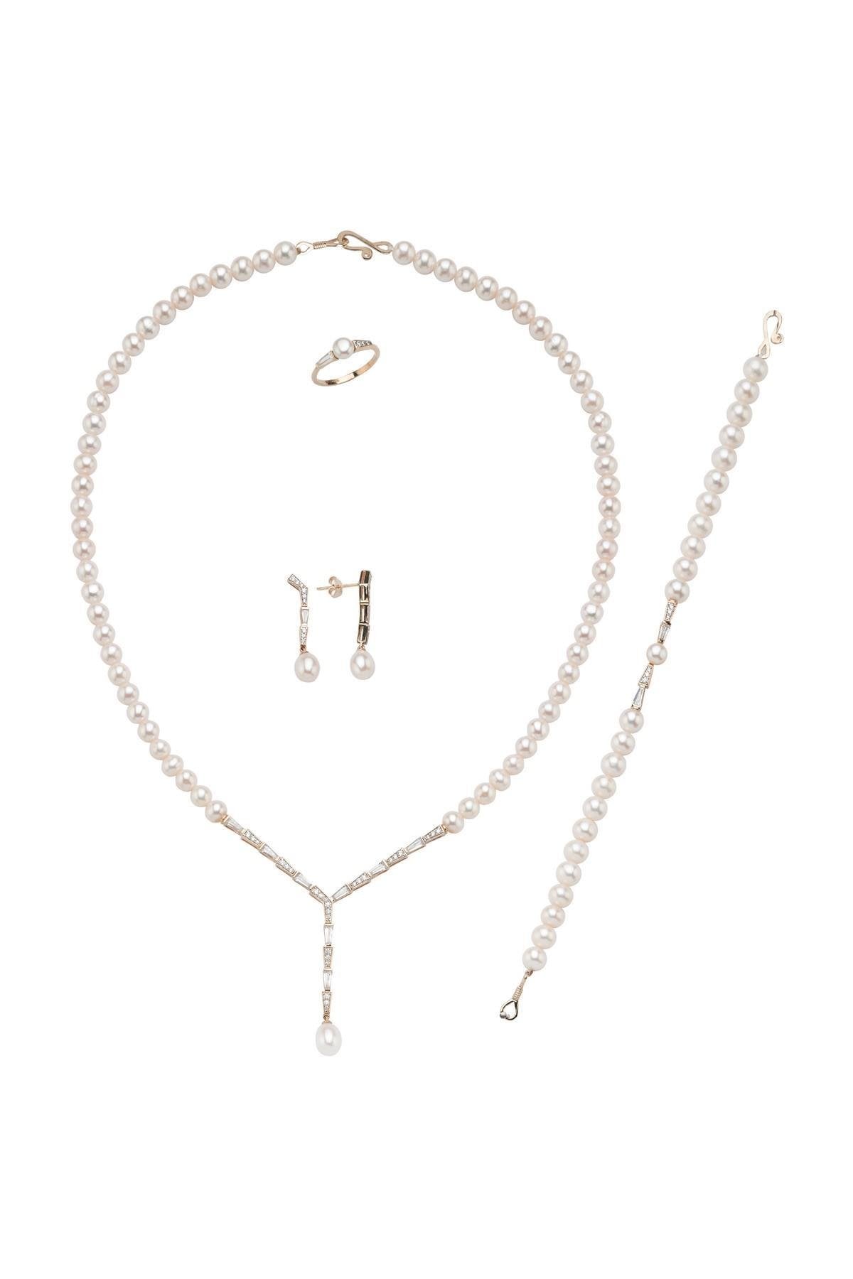 Baget Zirkon Taşlı Doğal İnci Küpe Kolye Bileklik Yüzük Dörtlü Set