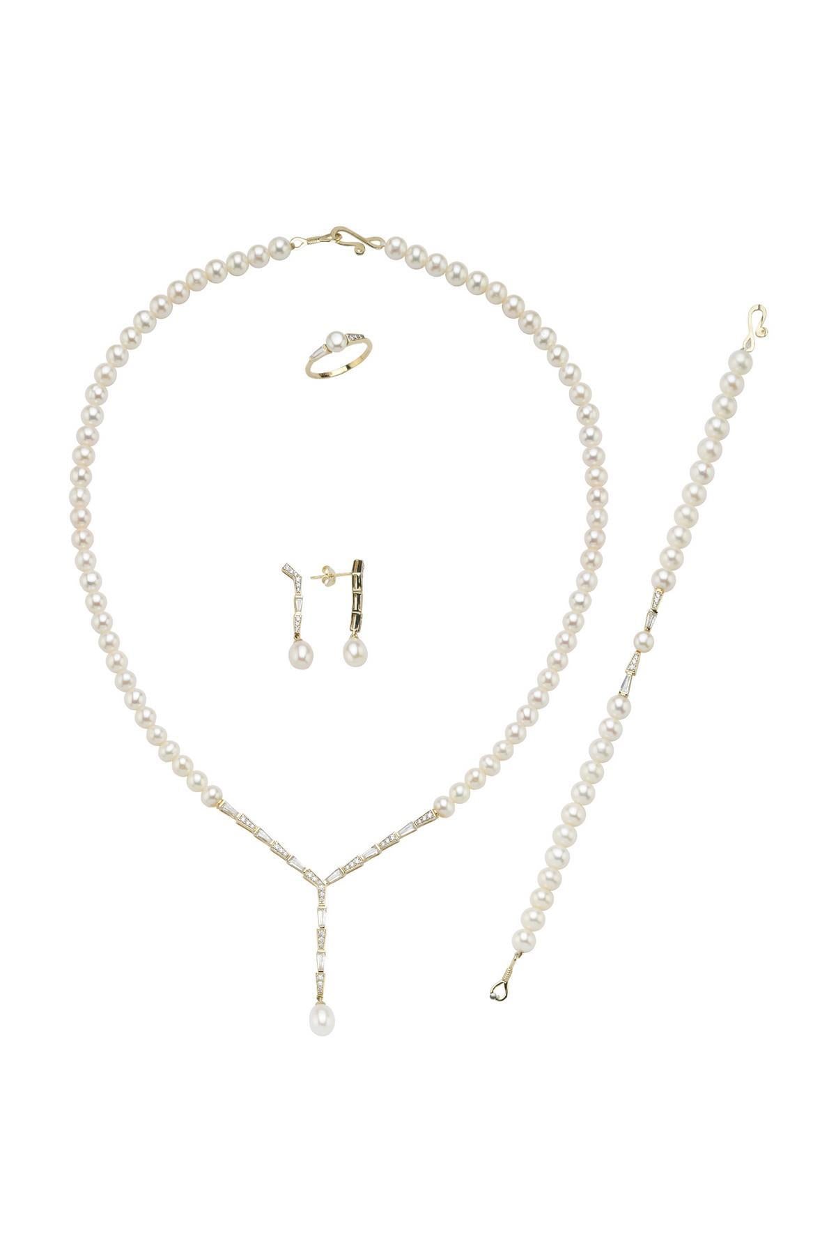 Baget Zirkon Taşlı Doğal İnci Küpe Kolye Bileklik Yüzük Dörtlü Set