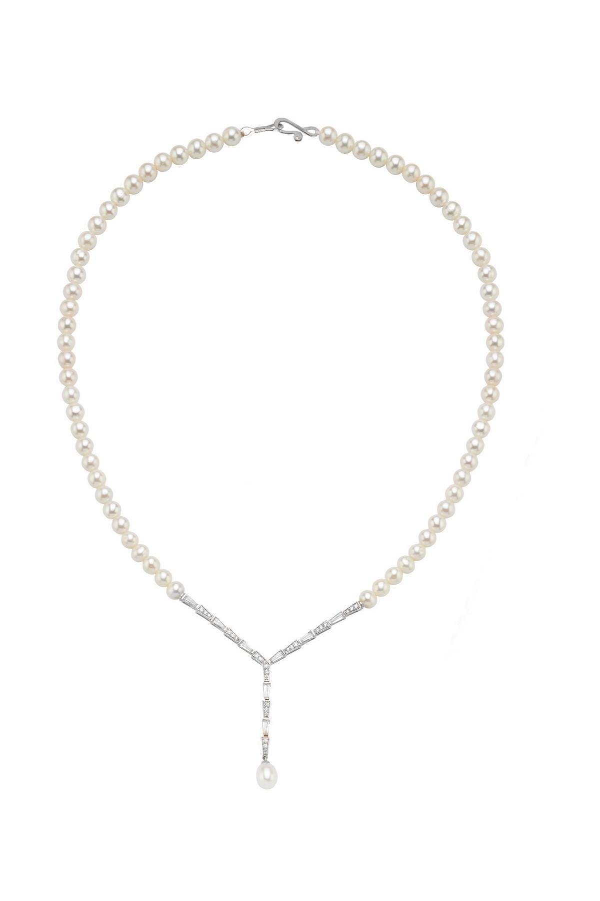 Baget Zirkon Taşlı Doğal İnci Kolye