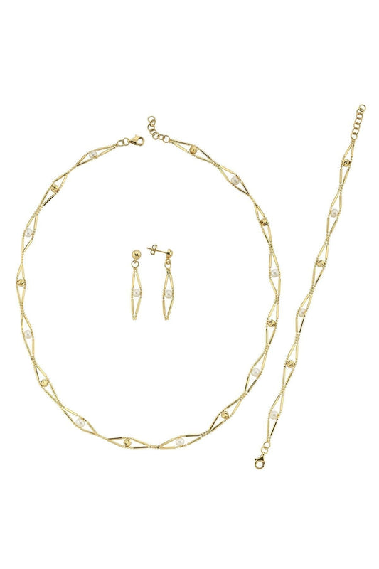 Baklava Dilimi Doriko Toplu Doğal İncili Küpe Kolye Bileklik Üçlü Set