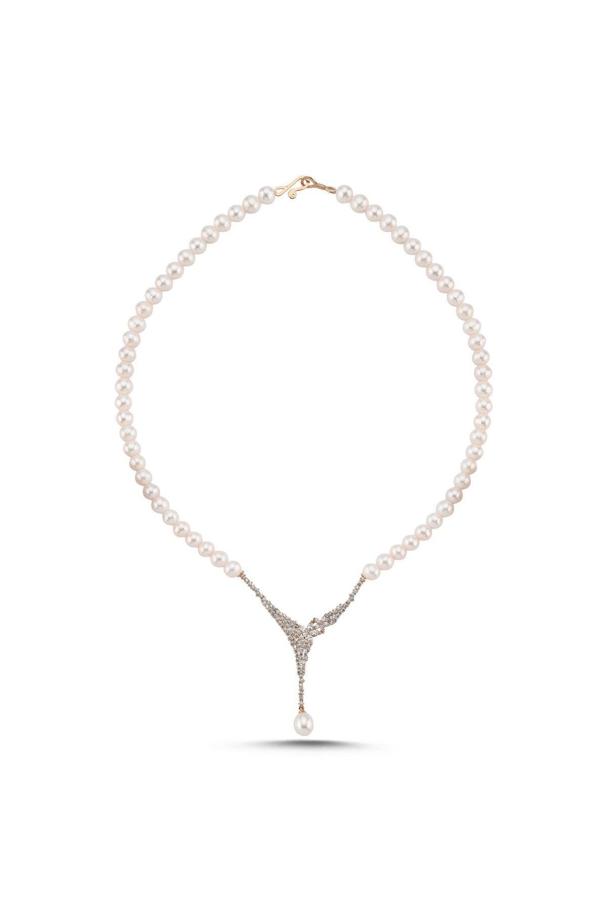 Çiçek Detay Zirkon Taşlı Doğal İnci Kolye