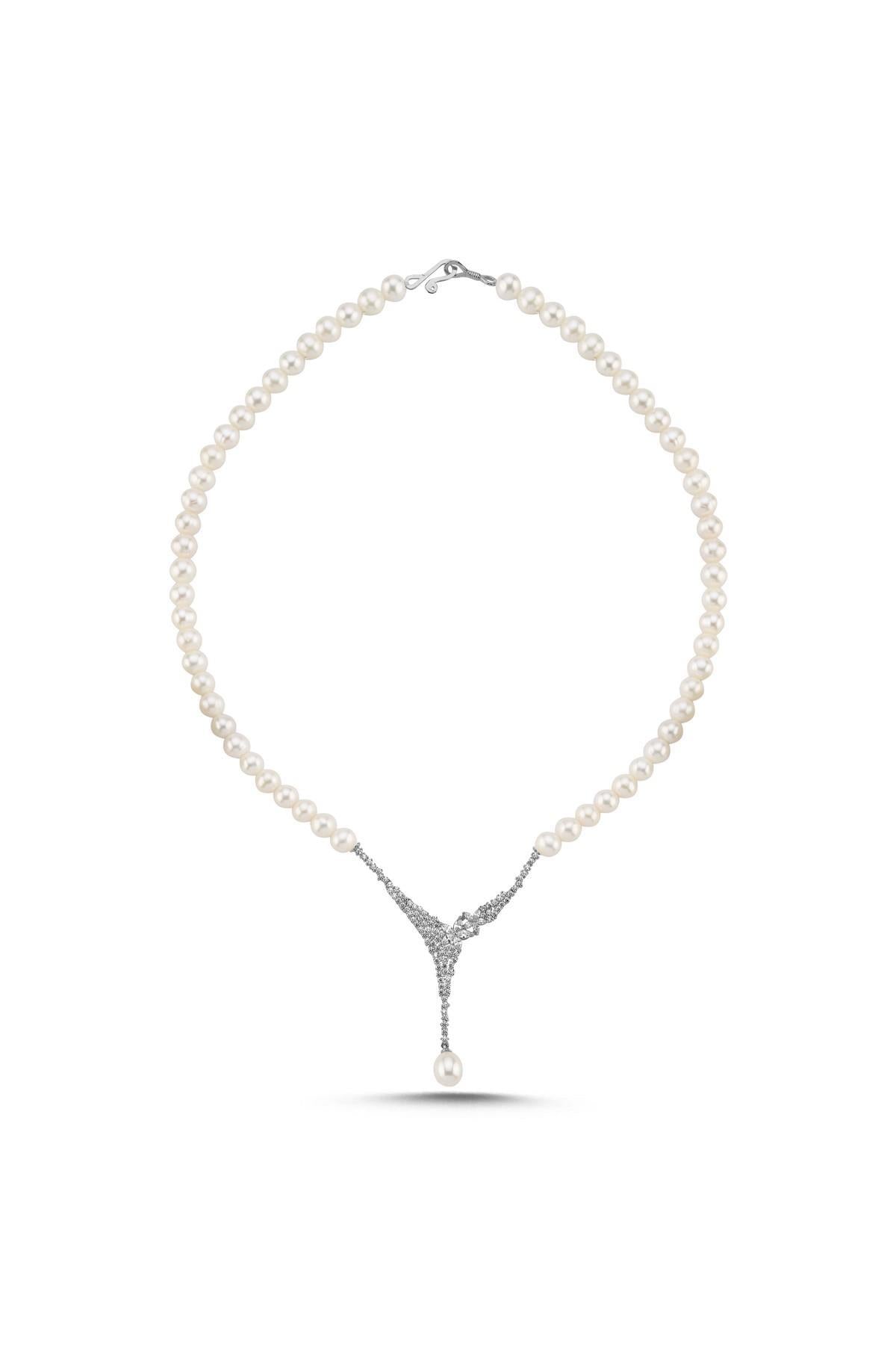 Çiçek Detay Zirkon Taşlı Doğal İnci Kolye