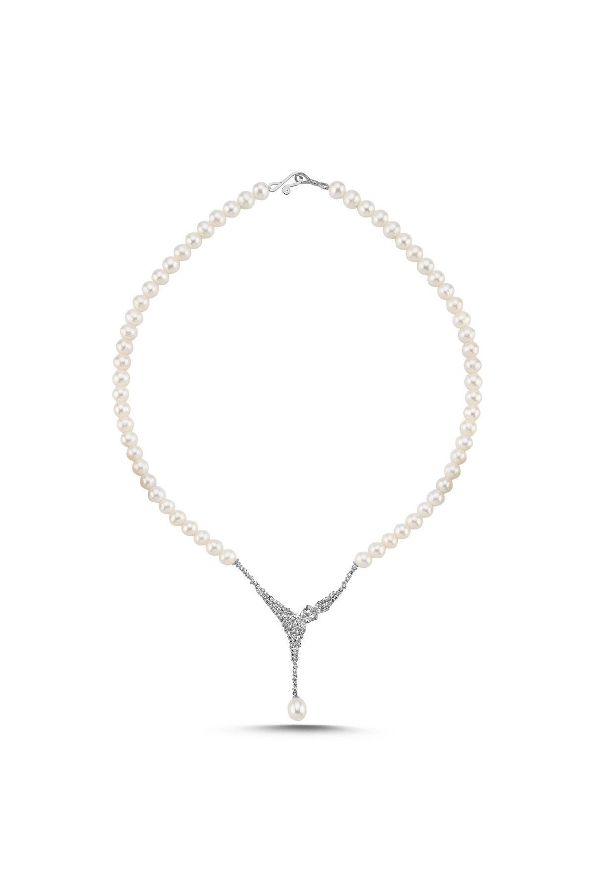 Çiçek Detay Zirkon Taşlı Doğal İnci Kolye