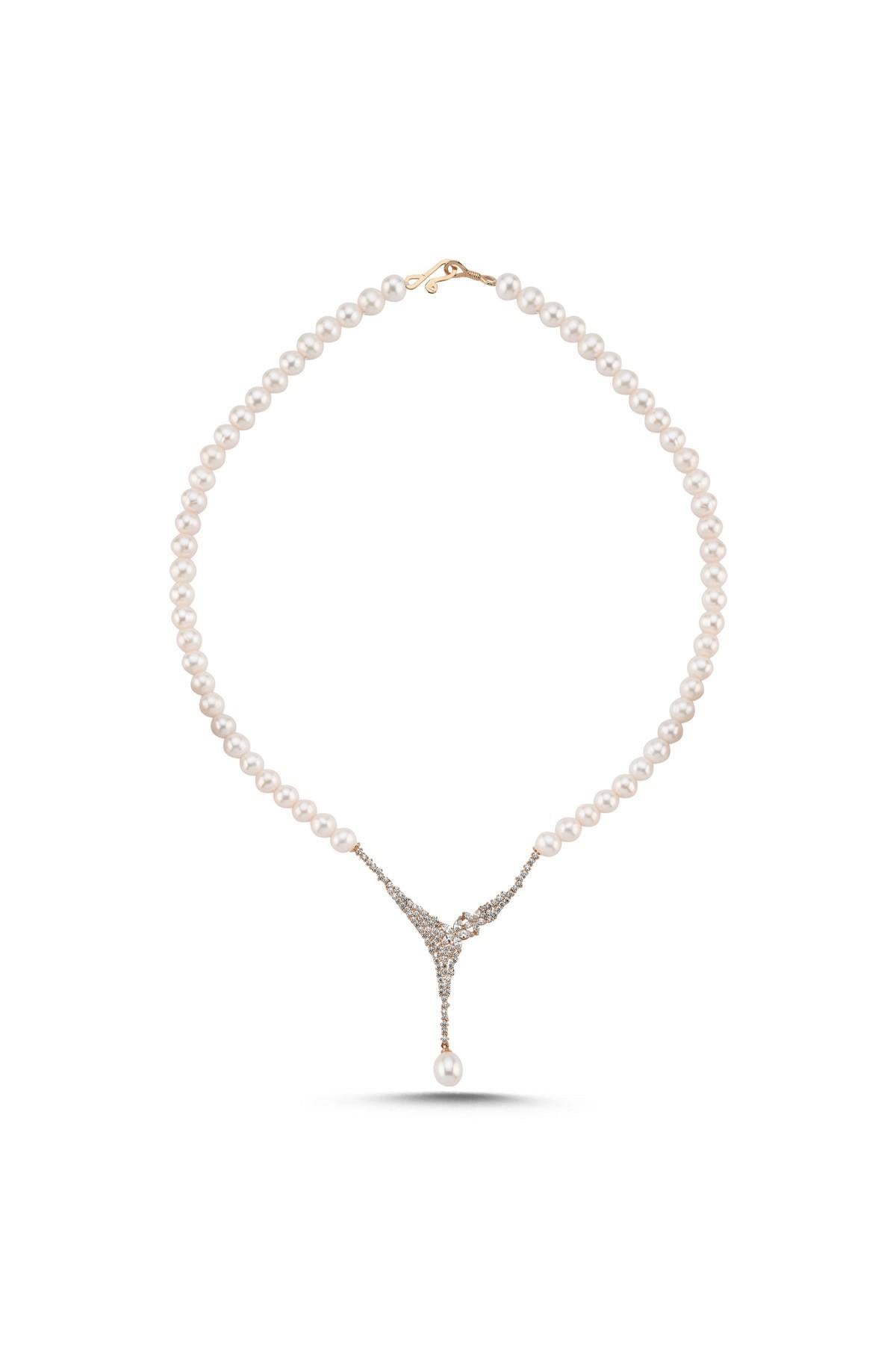 Çiçek Detay Zirkon Taşlı Doğal İnci Kolye